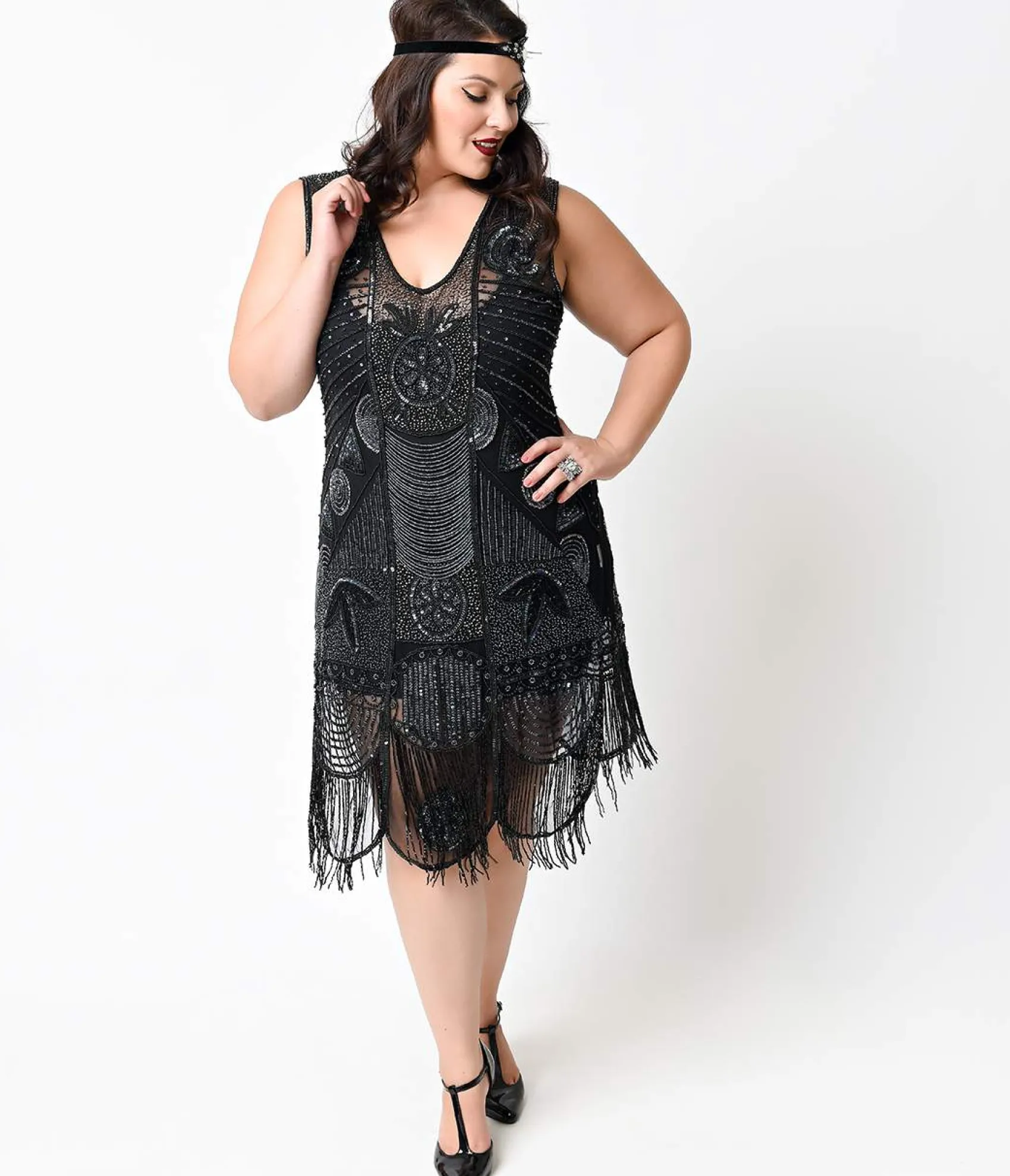 Unique Vintage Special Order- Plus Size 1920s Style Black Hand Beaded Fringe Bosley Flapper Dress Outlet