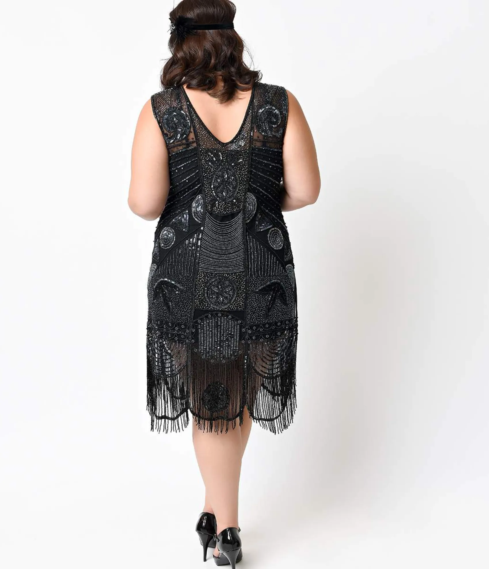 Unique Vintage Special Order- Plus Size 1920s Style Black Hand Beaded Fringe Bosley Flapper Dress Outlet