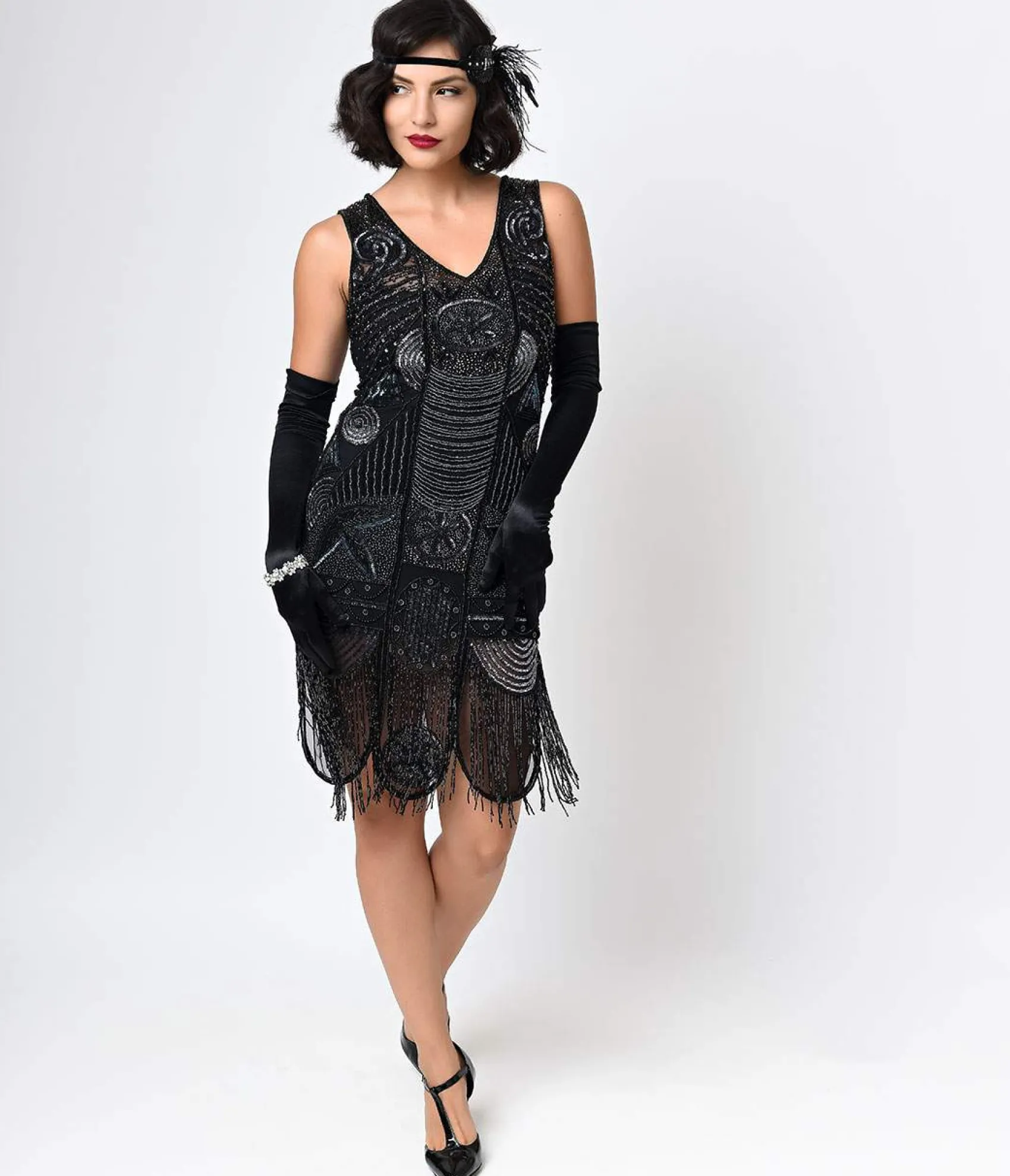 Unique Vintage Special Order- 1920s Style Black Hand Beaded Fringe Bosley Flapper Dress Clearance