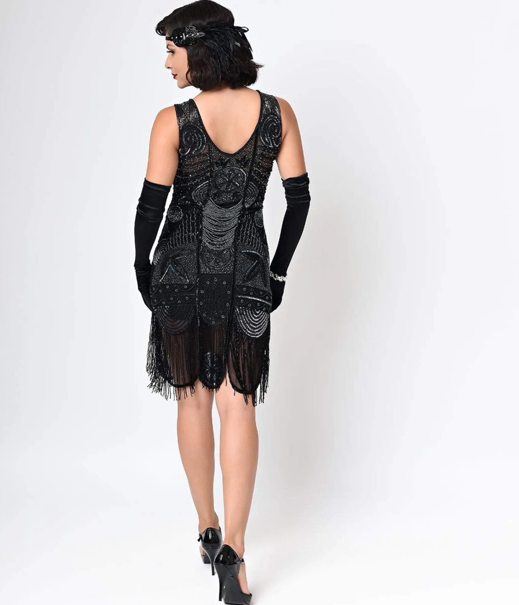 Unique Vintage Special Order- 1920s Style Black Hand Beaded Fringe Bosley Flapper Dress Clearance