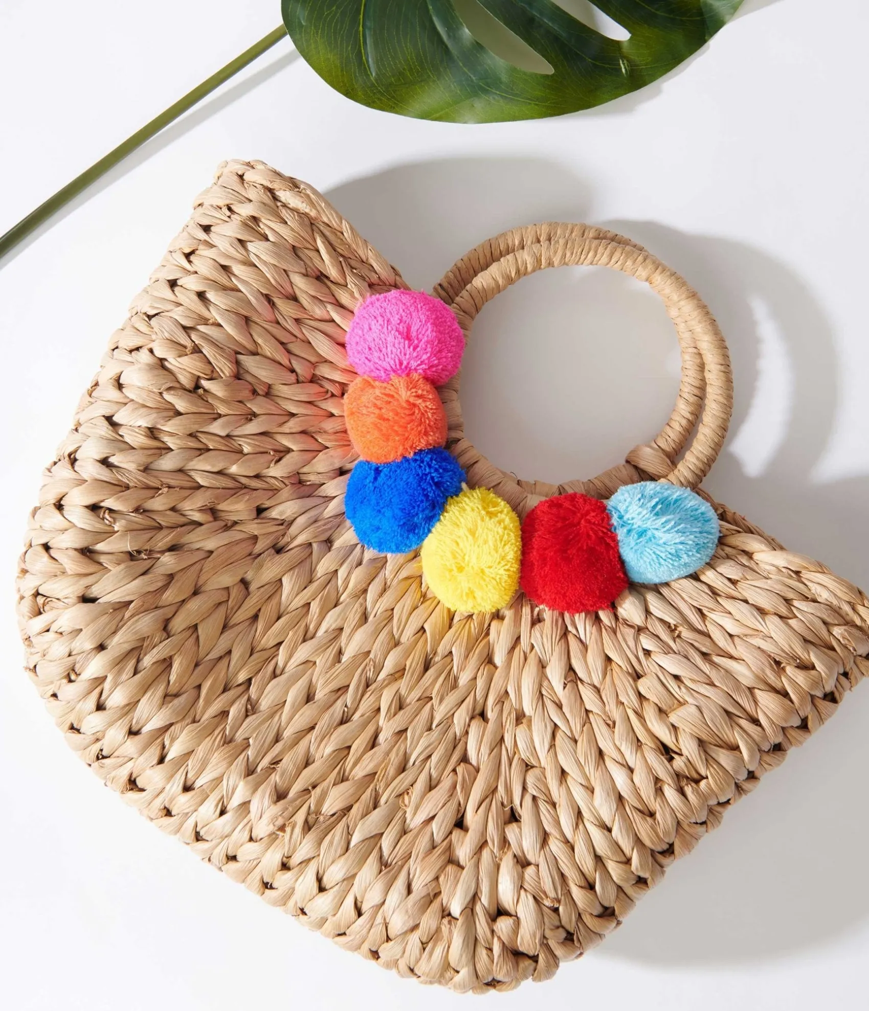 Unique Vintage Tan Pom Pom Woven Bag Cheap