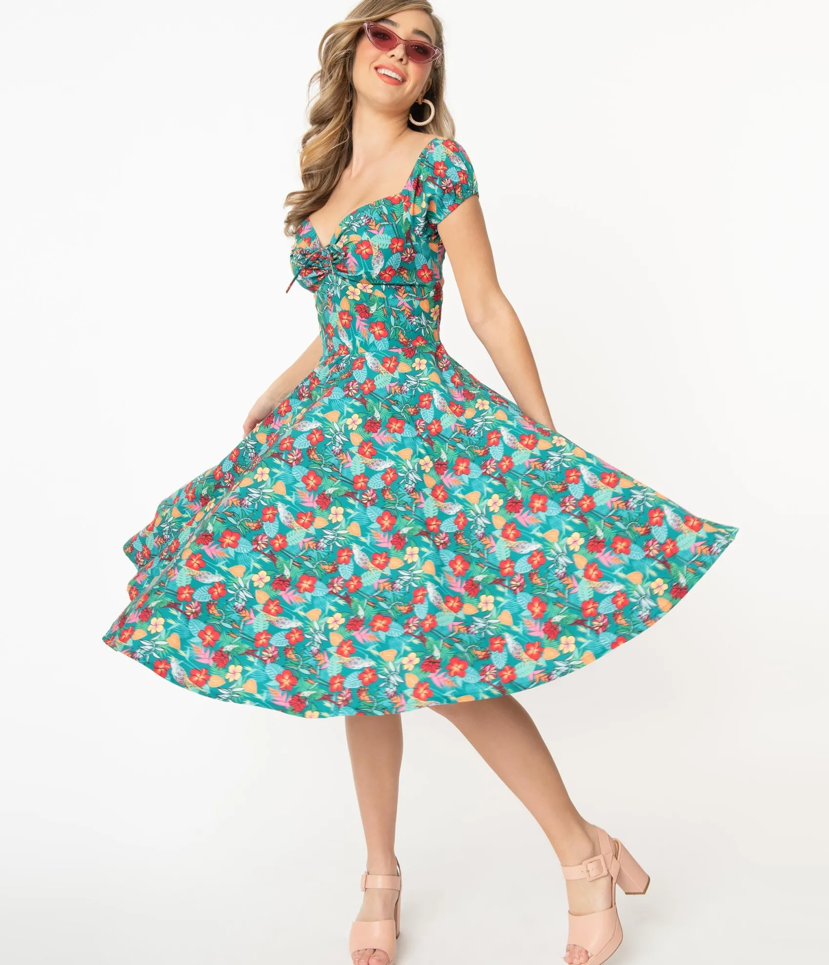 Unique Vintage Teal & Multicolor Tropical Floral Print Preston Swing Dress Sale