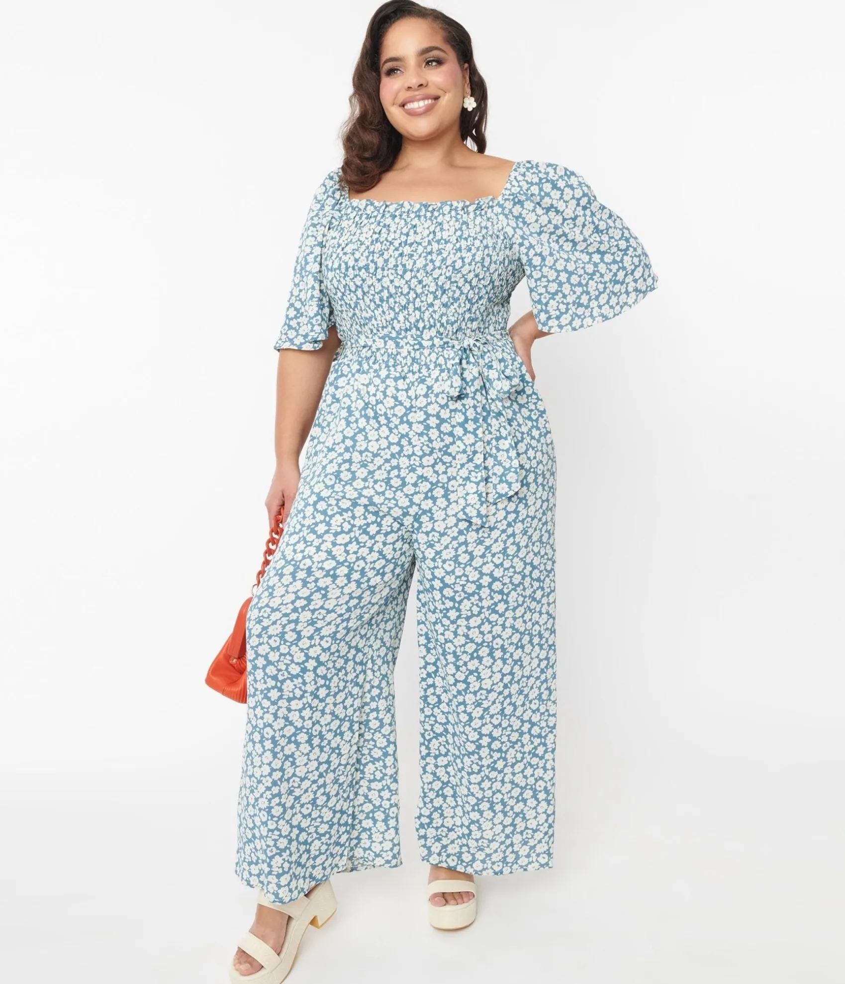 Unique Vintage Teal Floral Palazzo Jumpsuit Hot