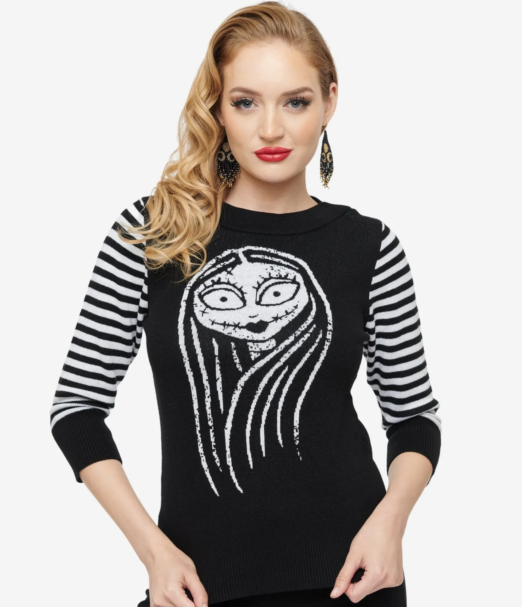 Unique Vintage Tim Burton's The Nightmare Before Christmas by Black & White Stripe Sally Minou Sweater Flash Sale