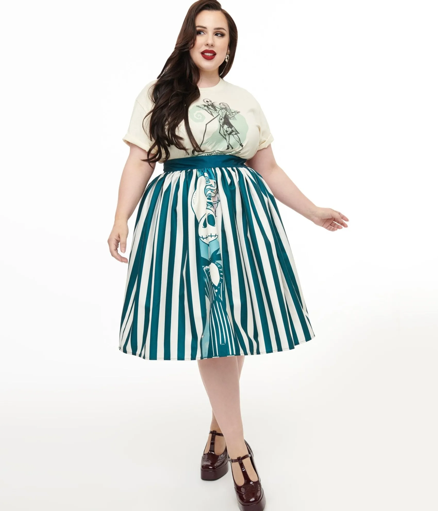Unique Vintage Tim Burton's The Nightmare Before Christmas by Plus Size Teal & White Striped Jack Skellington Gellar Swing Skirt Sale