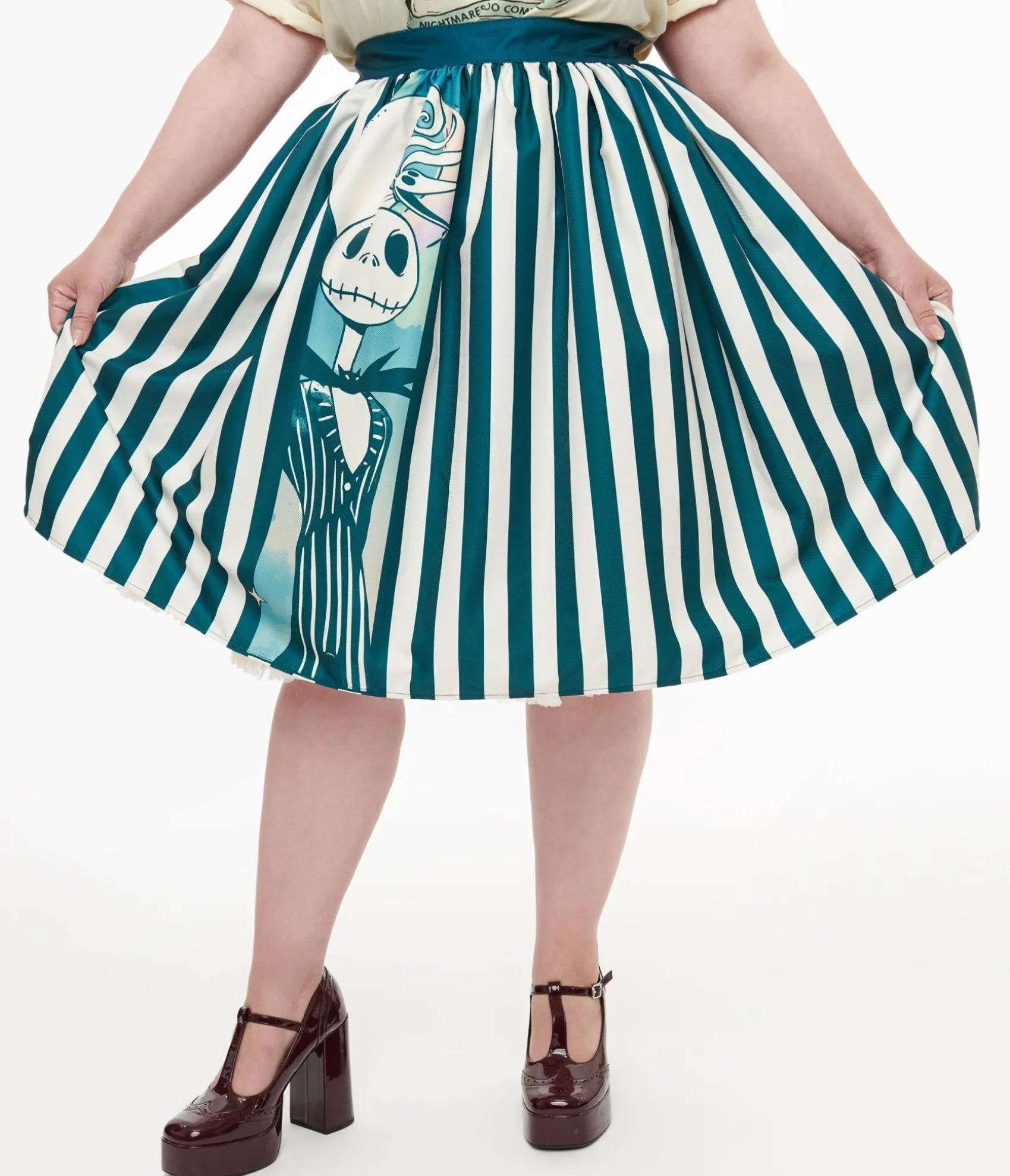 Unique Vintage Tim Burton's The Nightmare Before Christmas by Plus Size Teal & White Striped Jack Skellington Gellar Swing Skirt Sale