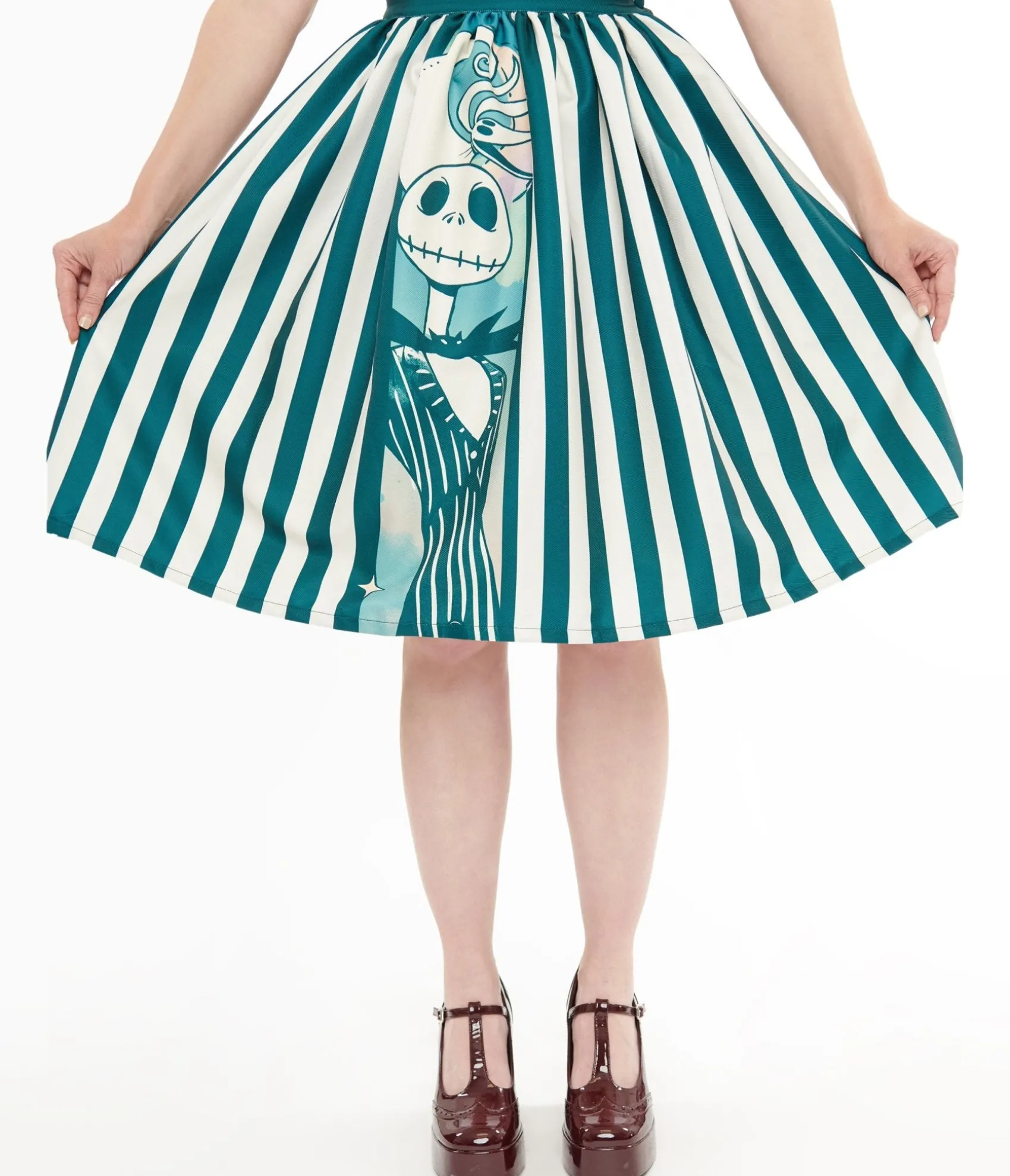 Unique Vintage Tim Burton's The Nightmare Before Christmas by Teal & White Striped Jack Skellington Gellar Swing Skirt Hot