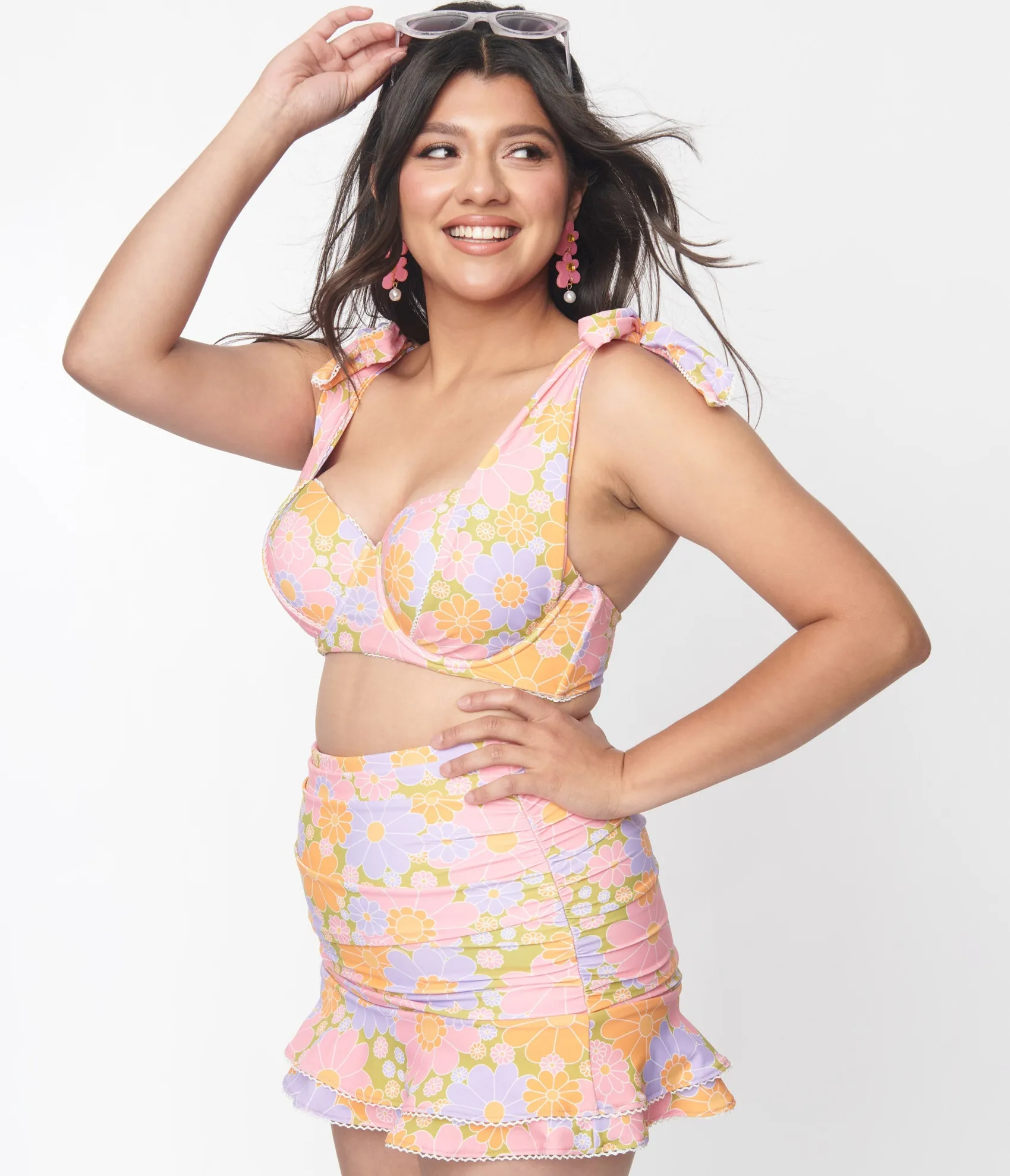 Unique Vintage Avocado & Multicolor Daisy Print Alice Swim Skirt Flash Sale
