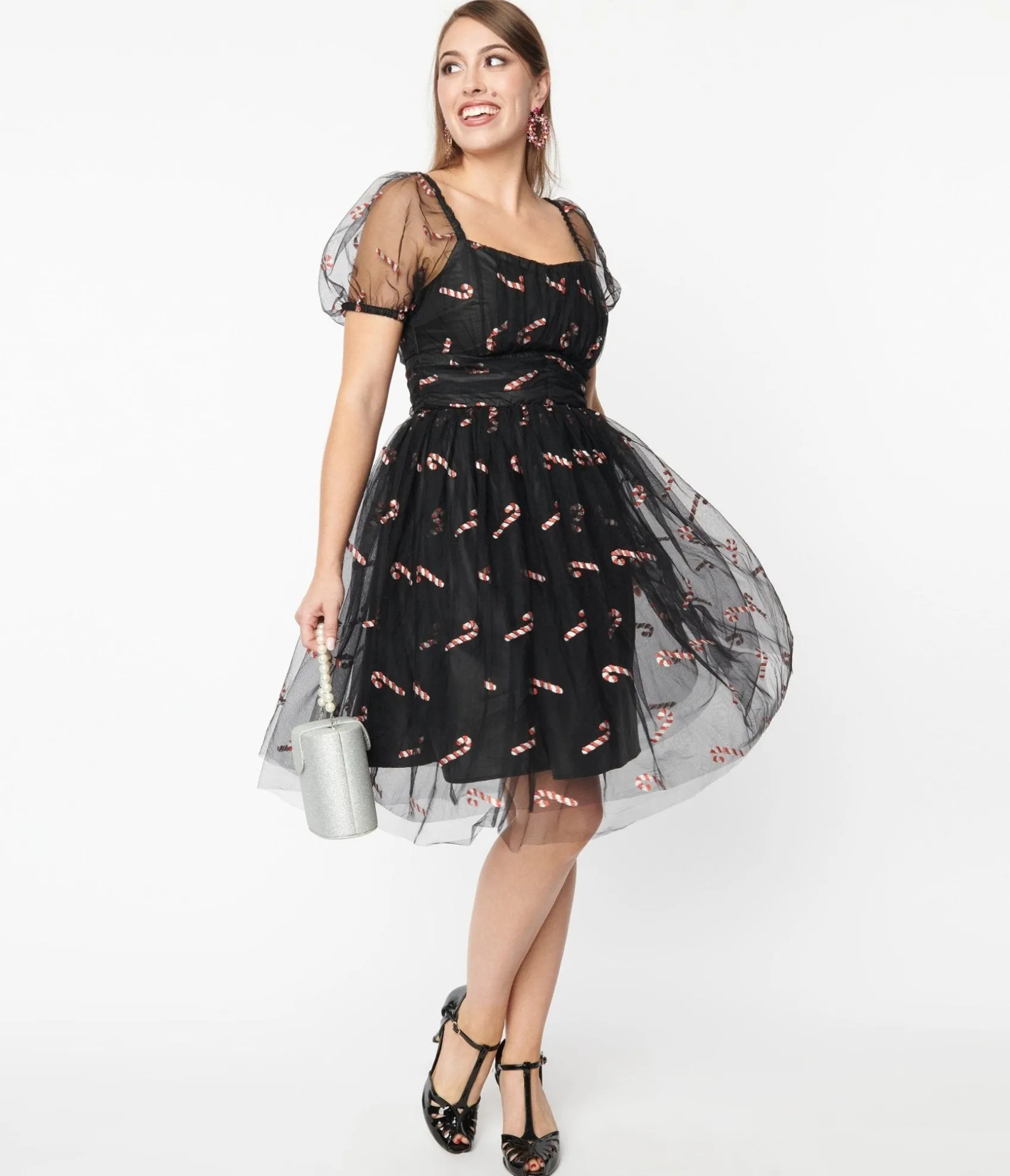 Unique Vintage Black & Glitter Candy Canes Babydoll Dress Fashion