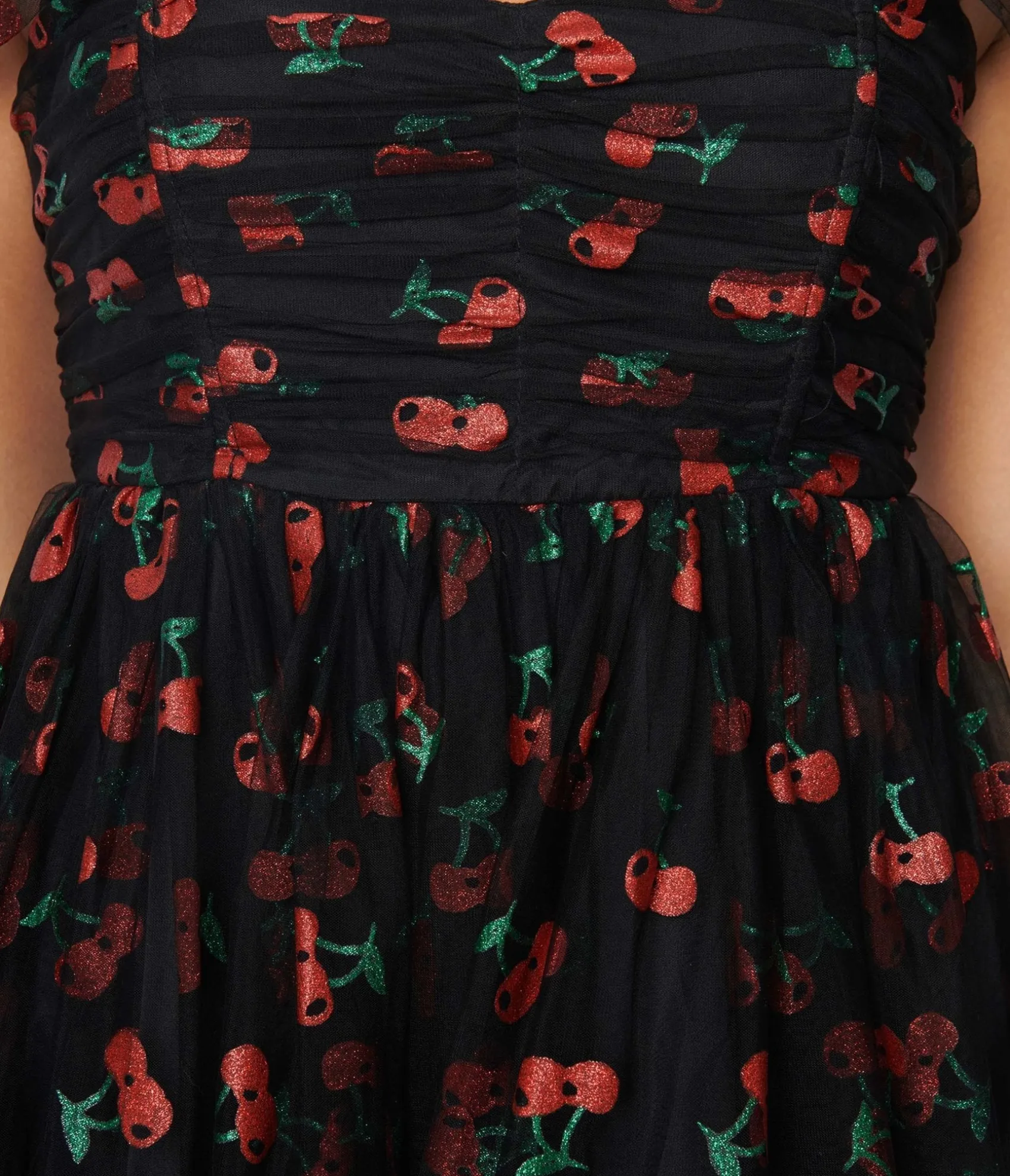 Unique Vintage Black & Glitter Cherry Print Heart & Soul Babydoll Dress Hot