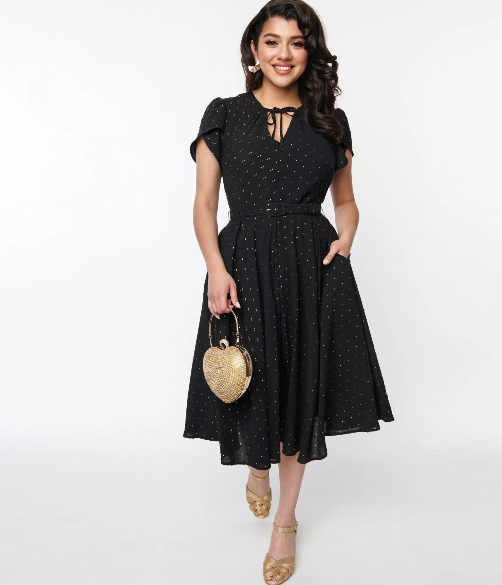 Unique Vintage Black & Gold Clip Dot Dahlia Swing Dress Best