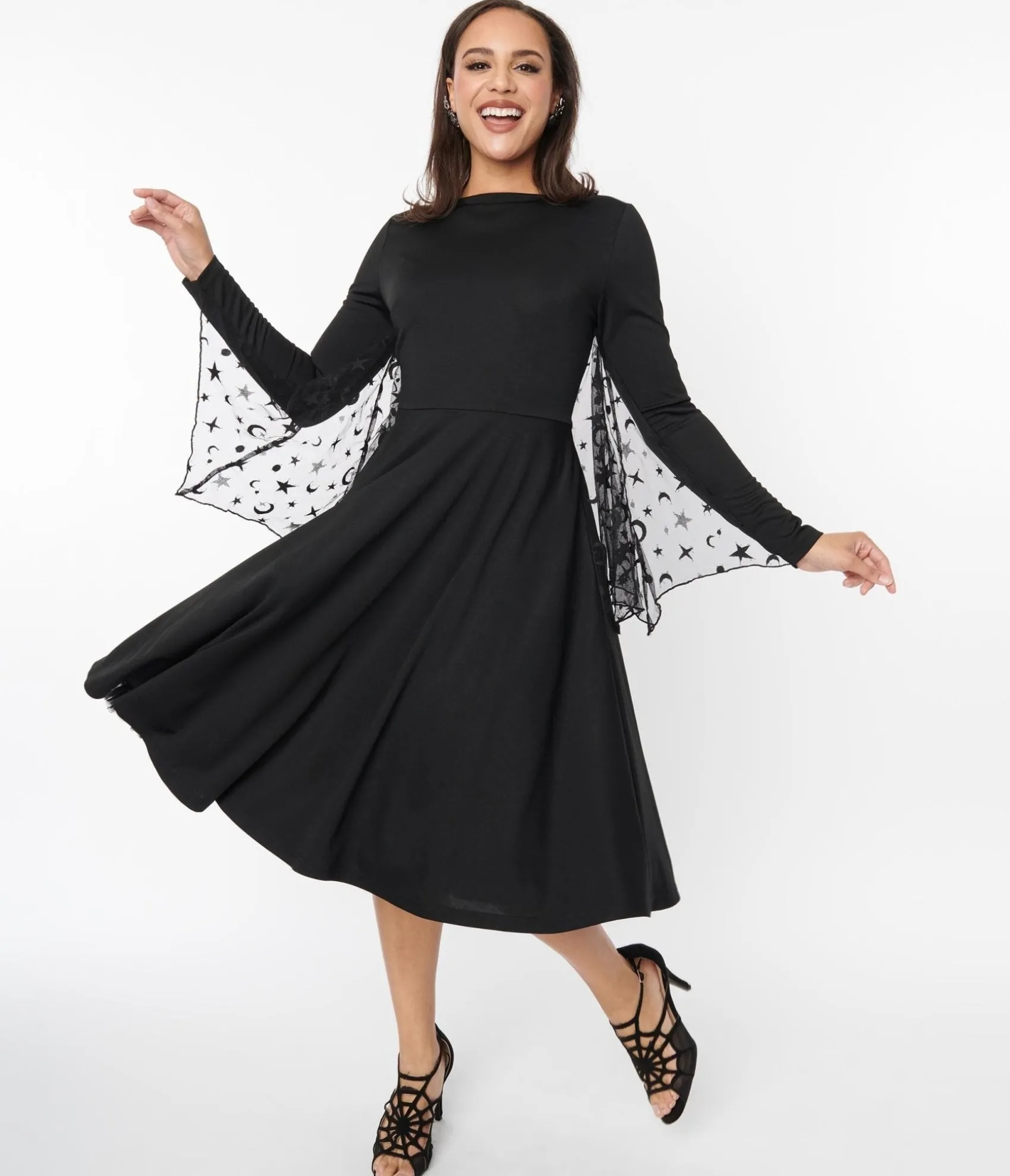 Unique Vintage Black & Mesh Bat Swing Dress Clearance