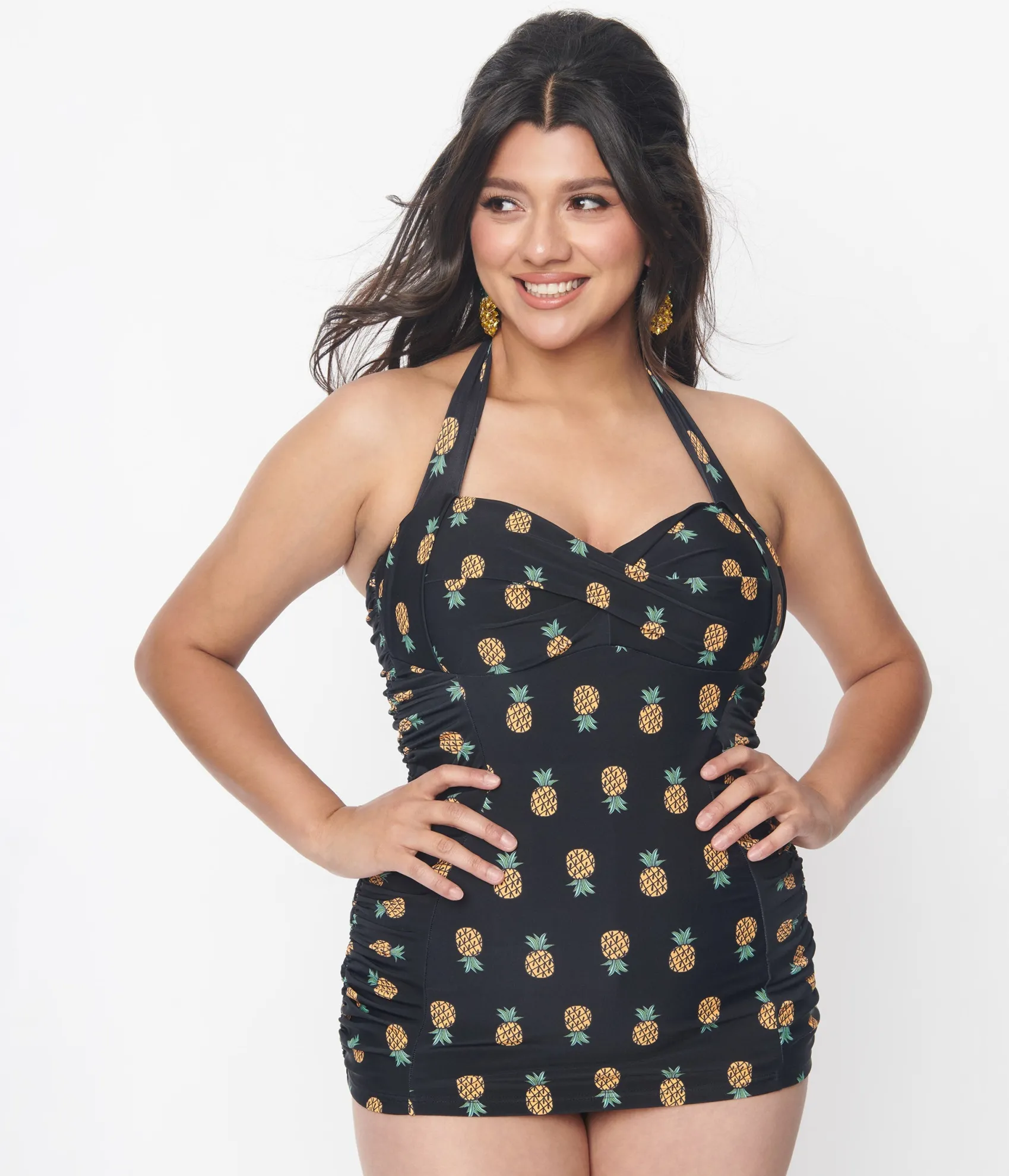 Unique Vintage Black & Pineapple Print Corinne Sheath Swimsuit Outlet