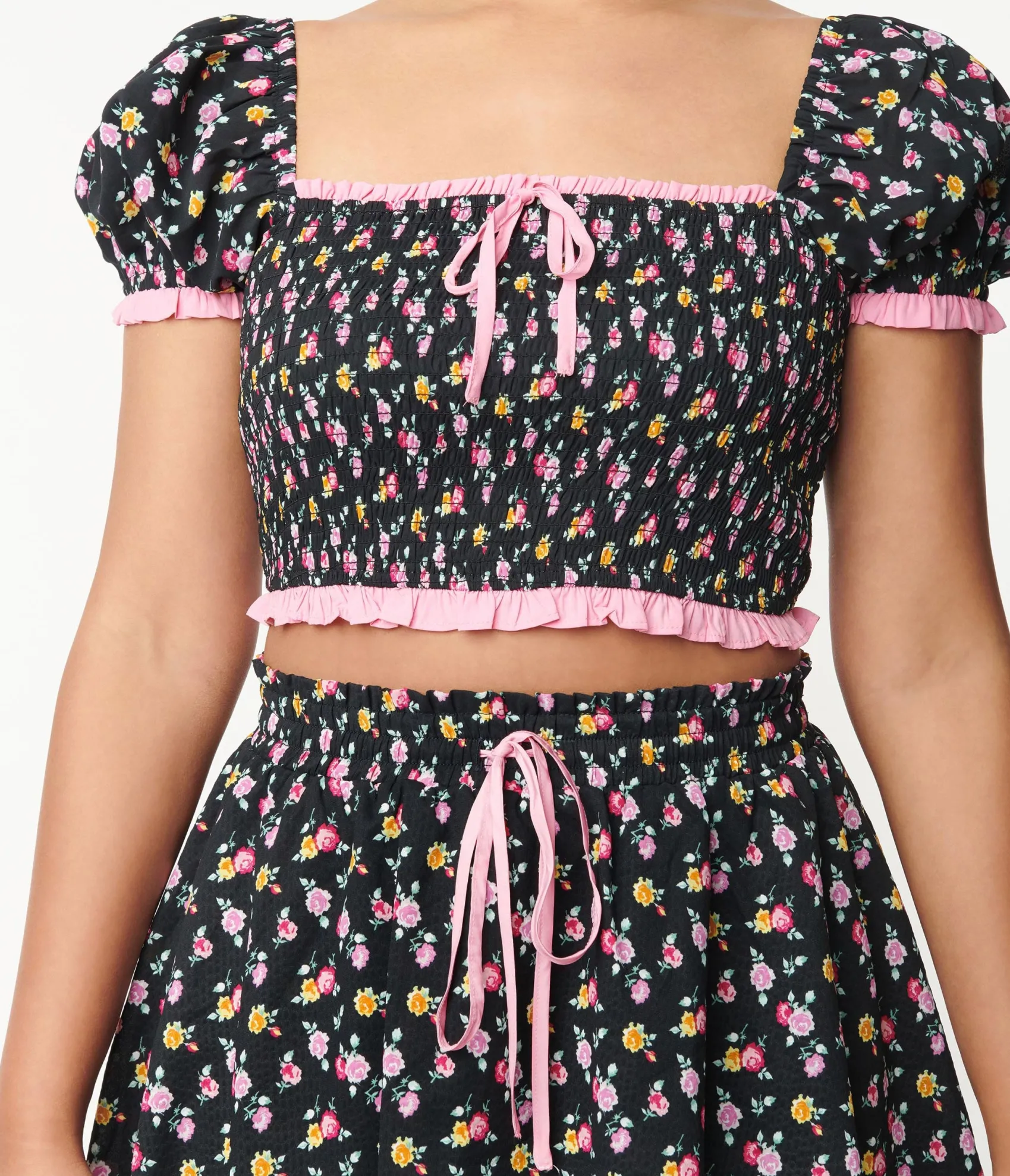 Unique Vintage Black & Pink Ditsy Floral Crop Top Cheap