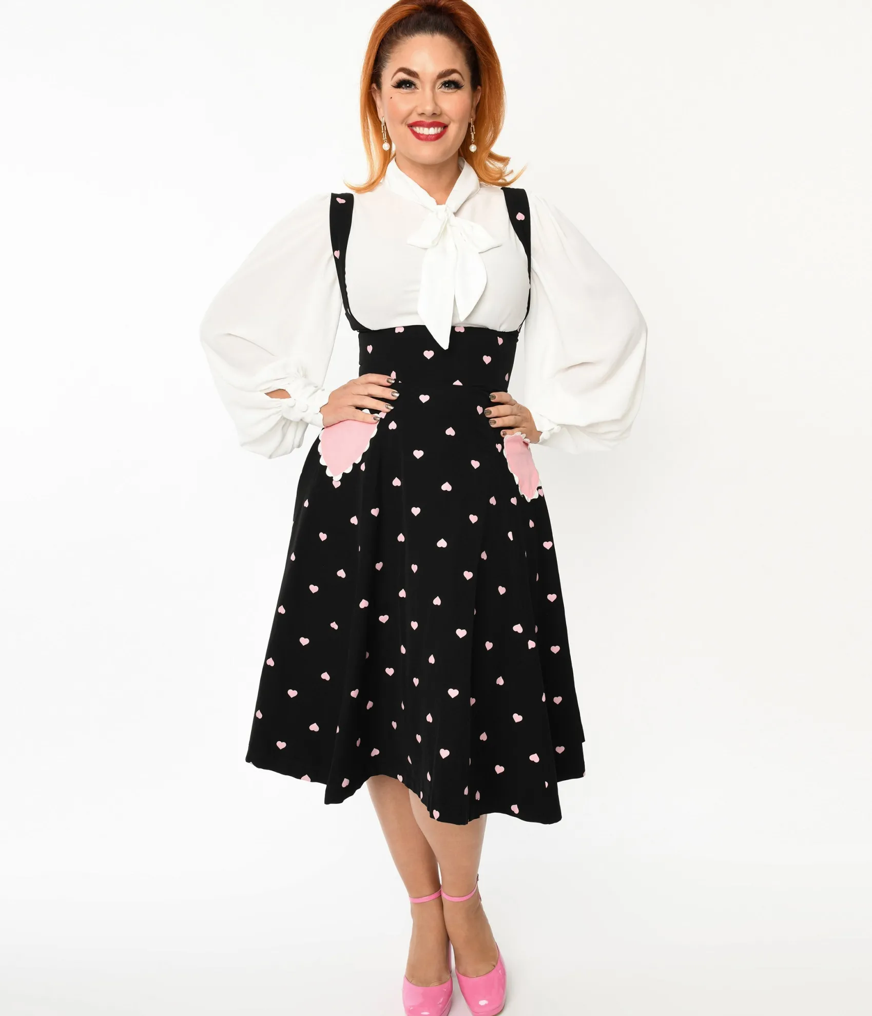 Unique Vintage Black & Pink Heart Amma Suspender Swing Skirt Discount