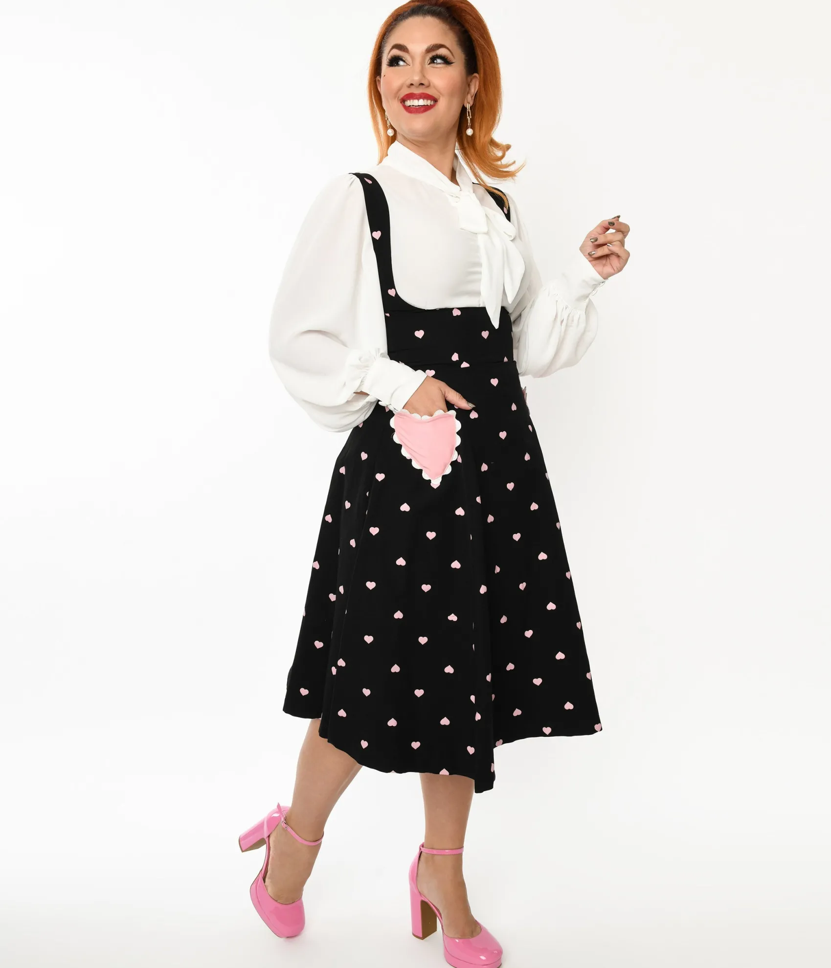 Unique Vintage Black & Pink Heart Amma Suspender Swing Skirt Discount