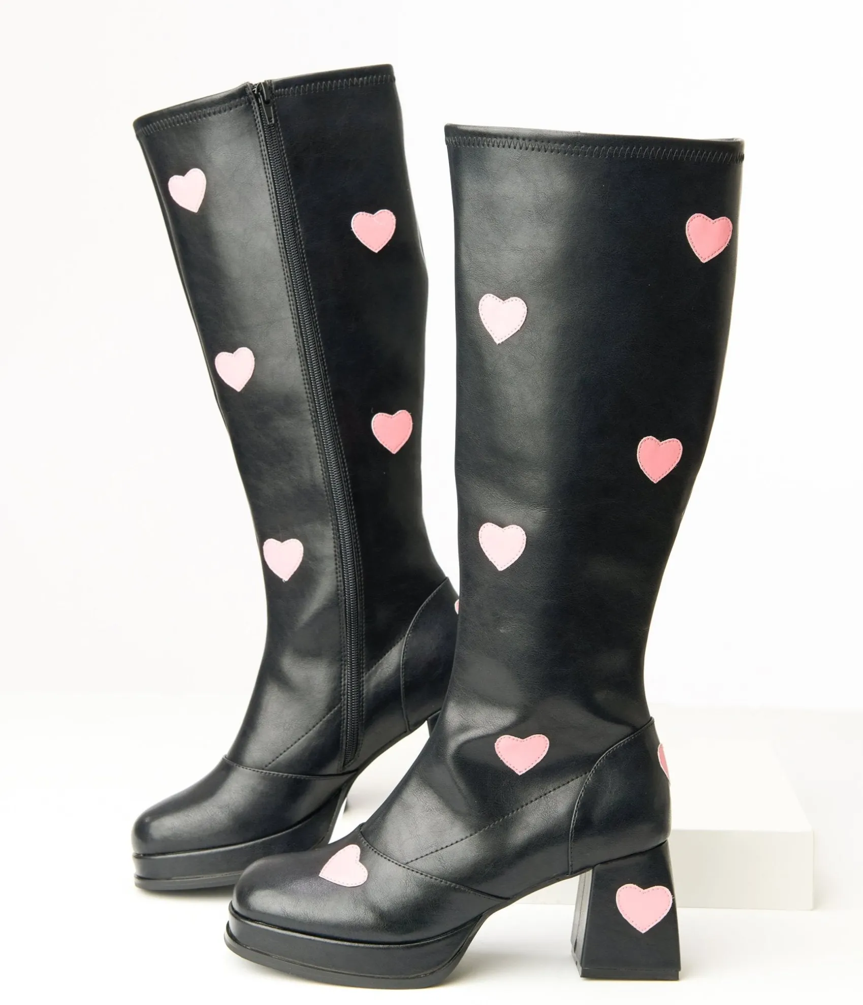 Unique Vintage Black & Pink Hearts Leatherette Knee High Boots Discount