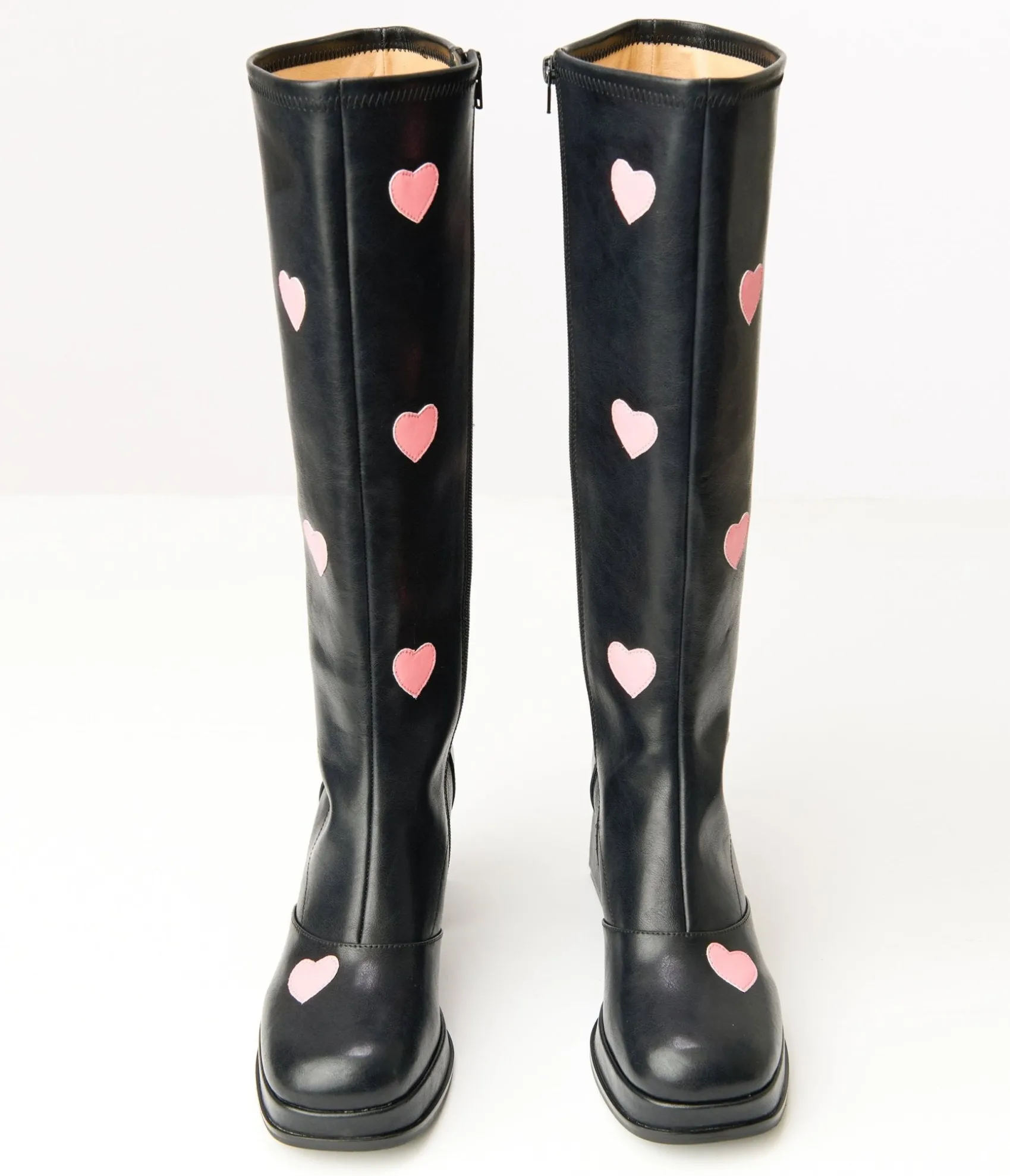 Unique Vintage Black & Pink Hearts Leatherette Knee High Boots Discount