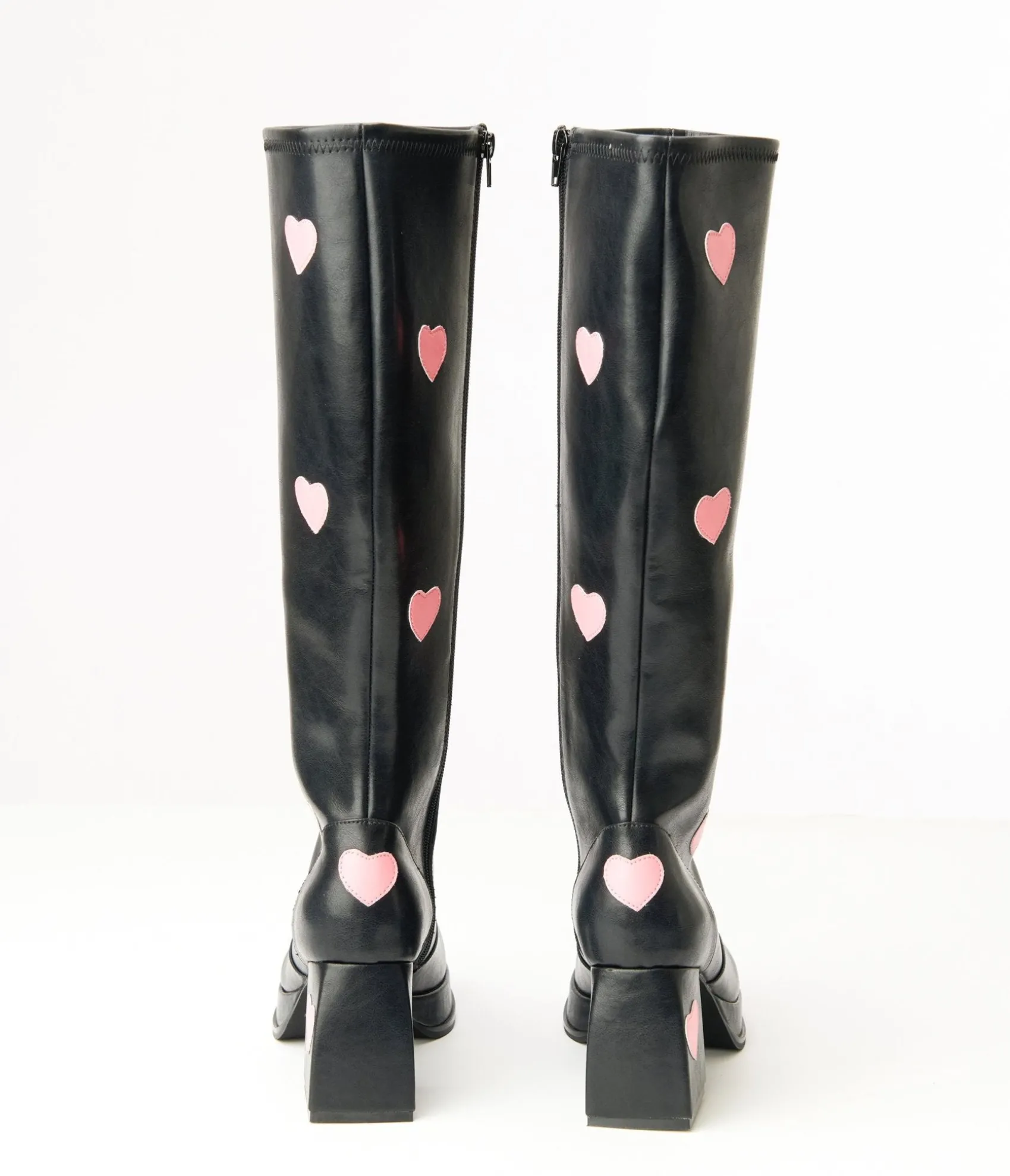 Unique Vintage Black & Pink Hearts Leatherette Knee High Boots Discount