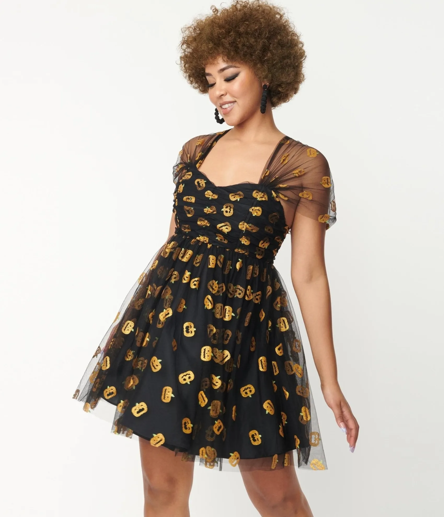 Unique Vintage Black & Pumpkin Print Babydoll Dress Discount