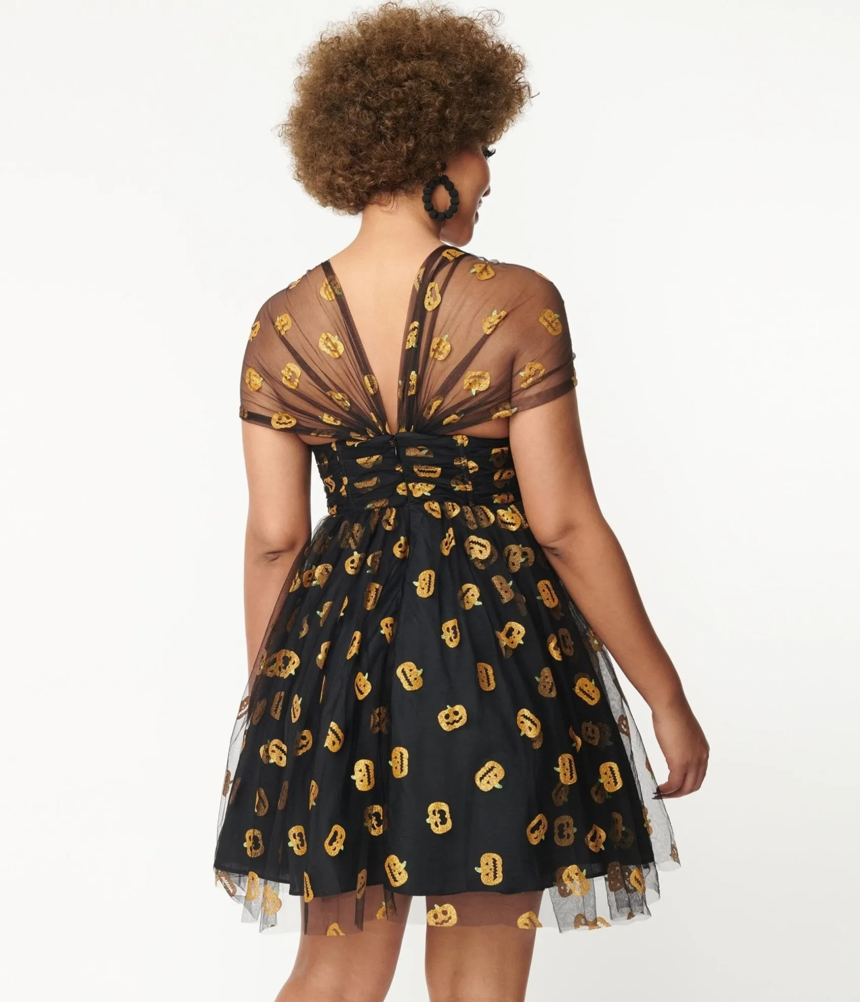 Unique Vintage Black & Pumpkin Print Babydoll Dress Discount