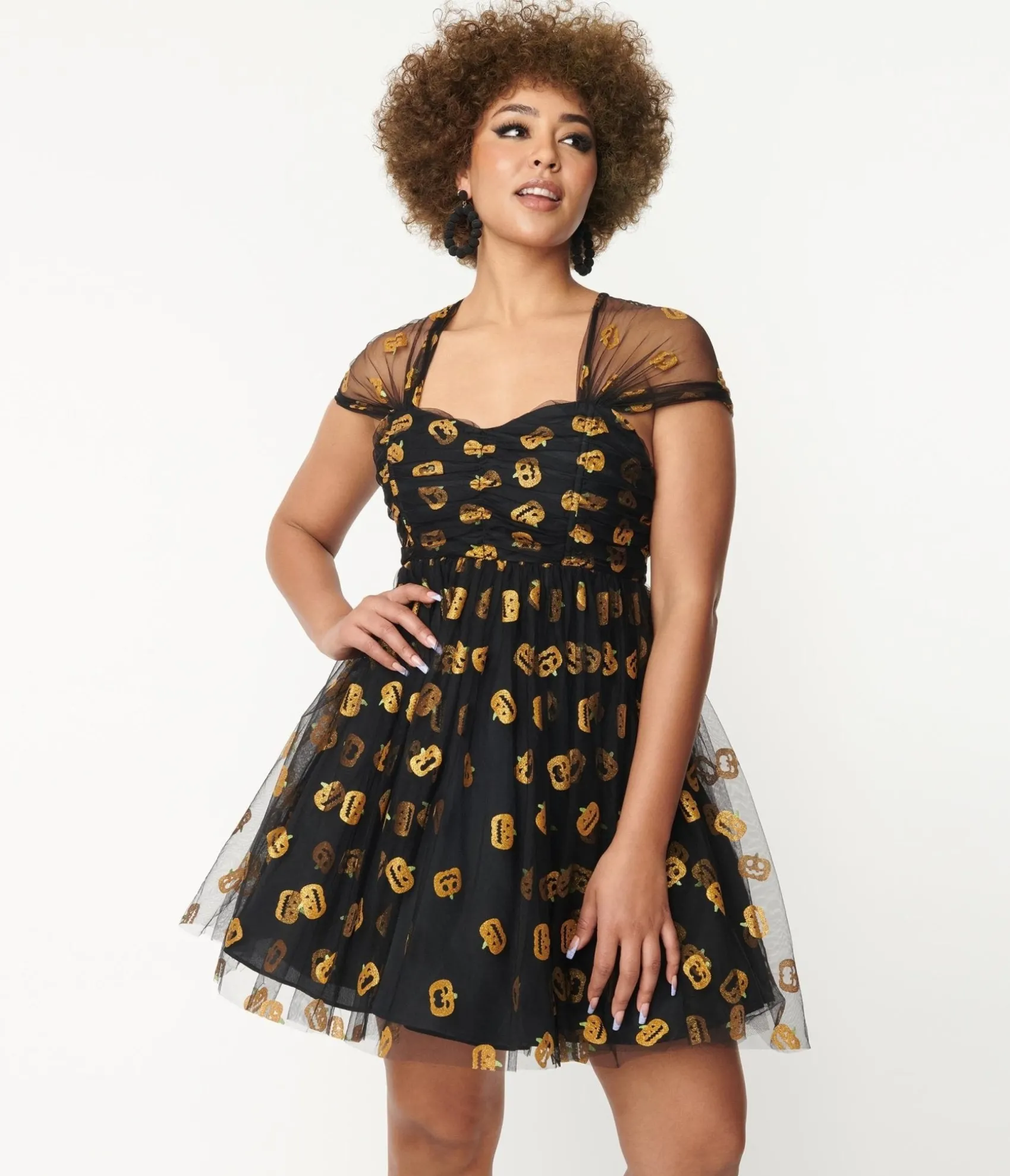 Unique Vintage Black & Pumpkin Print Babydoll Dress Discount