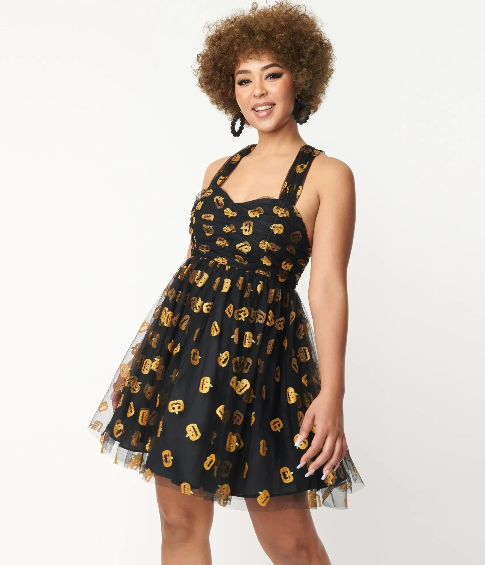 Unique Vintage Black & Pumpkin Print Babydoll Dress Discount