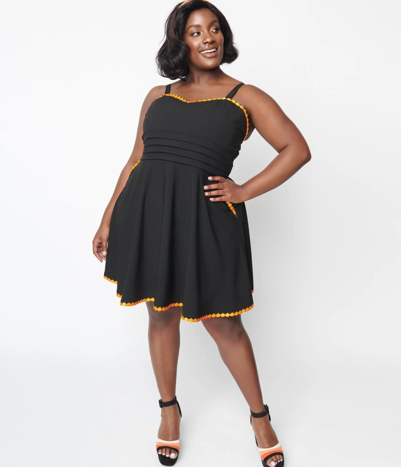 Unique Vintage Black & Pumpkin Trim Follow Your Heart Fit & Flare Dress Flash Sale