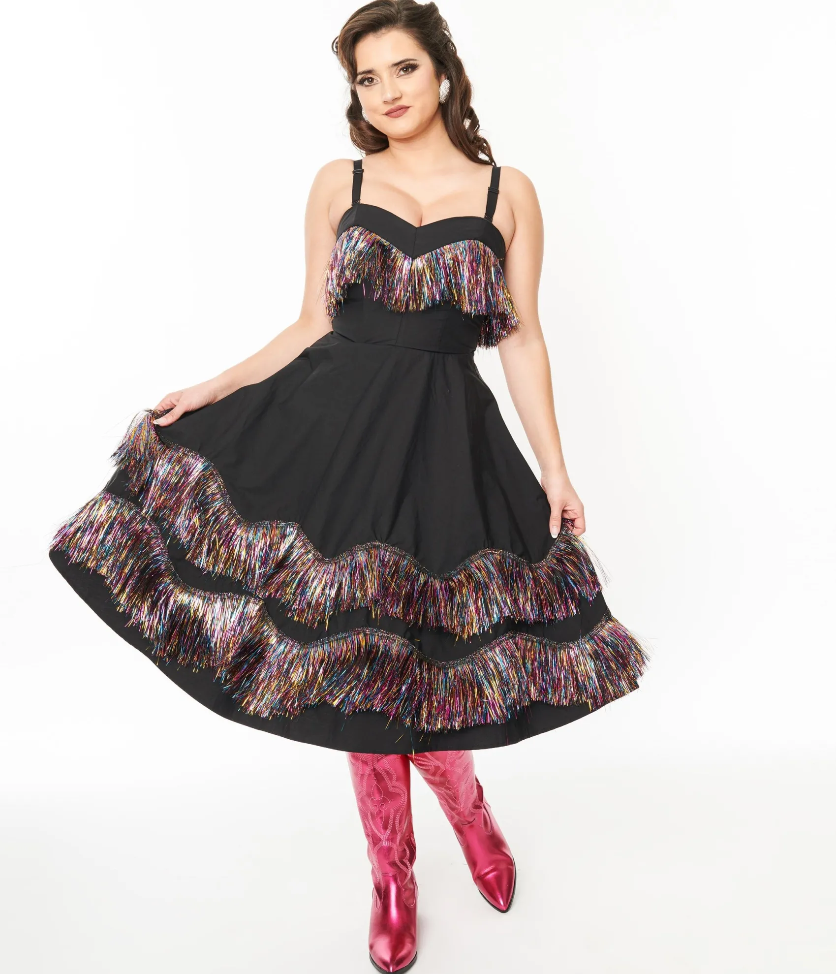 Unique Vintage Black & Rainbow Fringe Girlie Swing Dress Sale