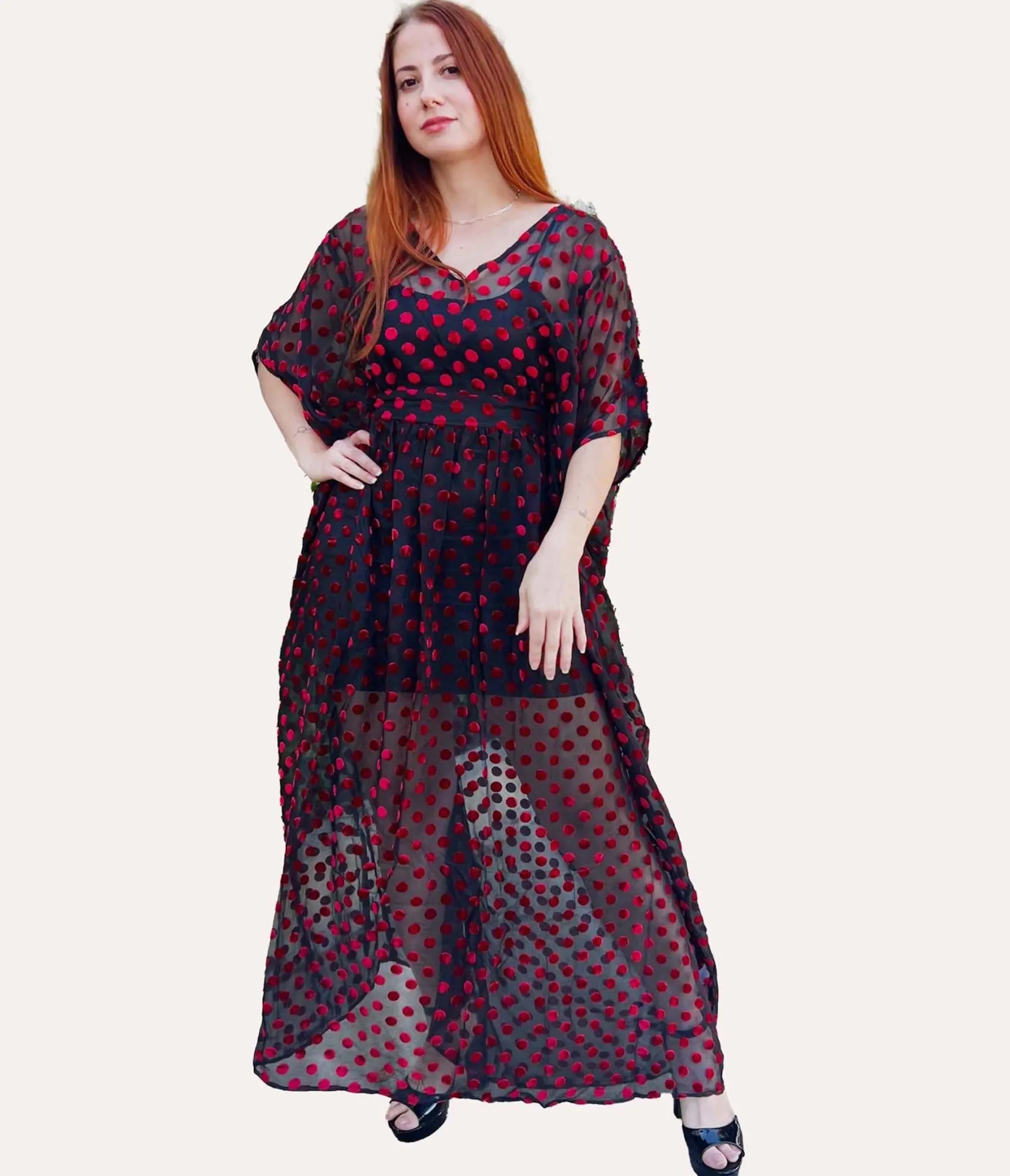 Unique Vintage Black & Red Swiss Dot Burton Caftan Dress Flash Sale