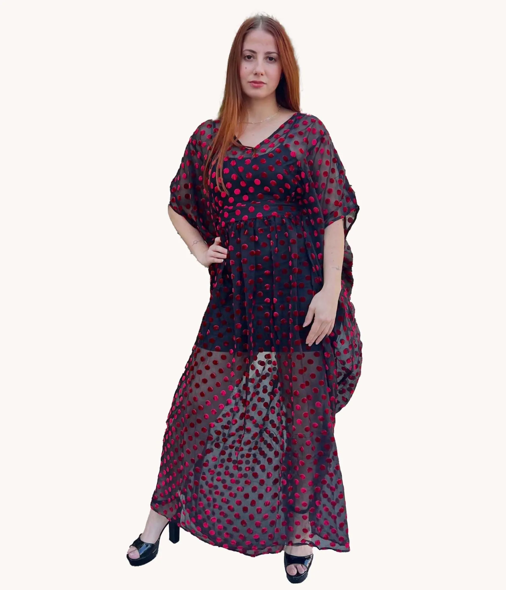 Unique Vintage Black & Red Swiss Dot Burton Caftan Dress Flash Sale