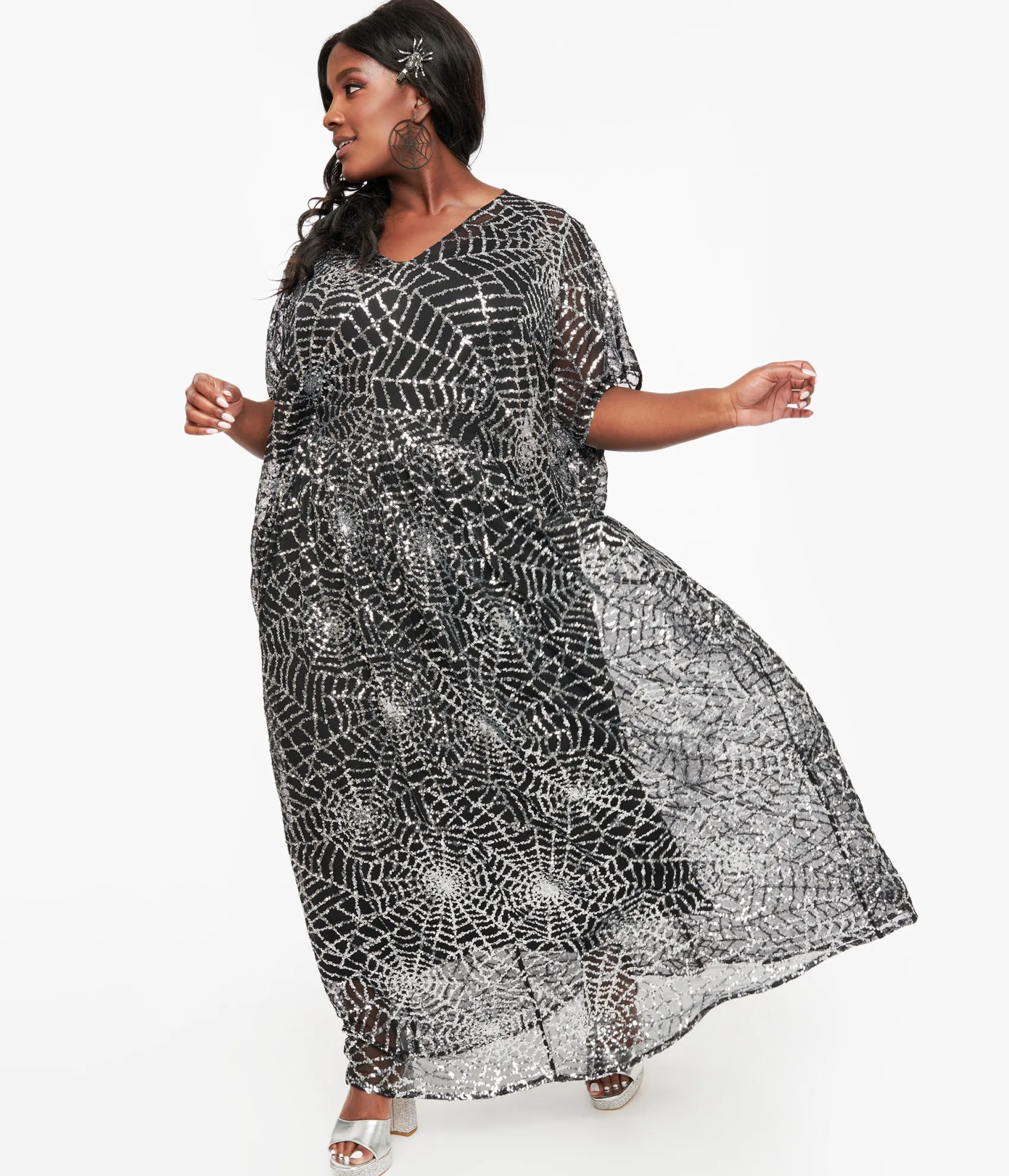 Unique Vintage Black & Silver Sequin Spider Web Burton Caftan Dress Hot