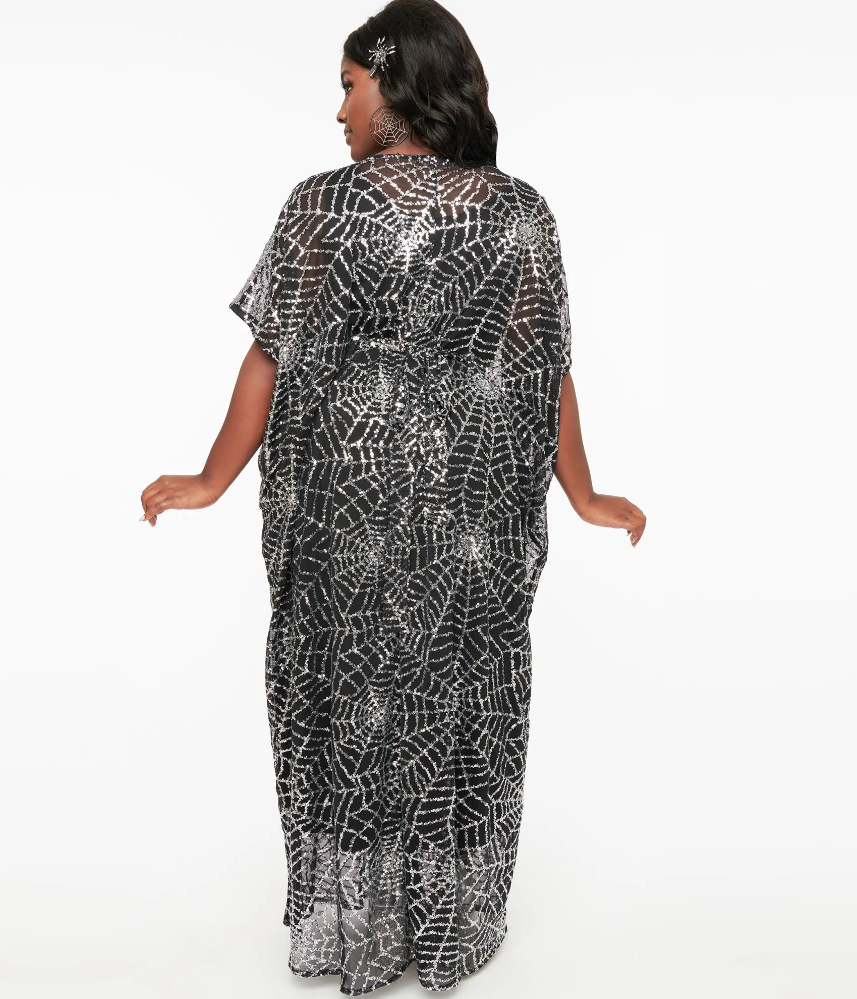 Unique Vintage Black & Silver Sequin Spider Web Burton Caftan Dress Hot