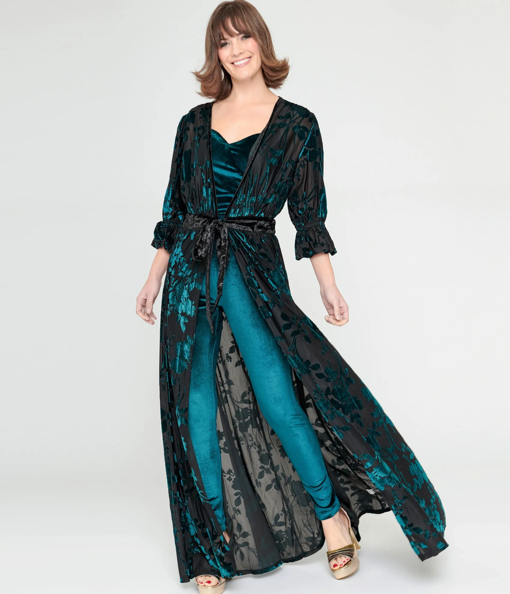 Unique Vintage Black & Teal Floral Velvet Burnout Duster Discount