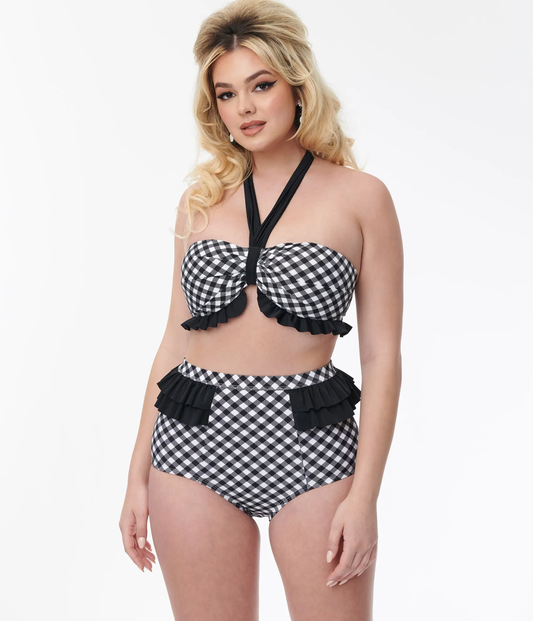 Unique Vintage Black & White Bias Gingham Twist Front Halter Swim Top Hot