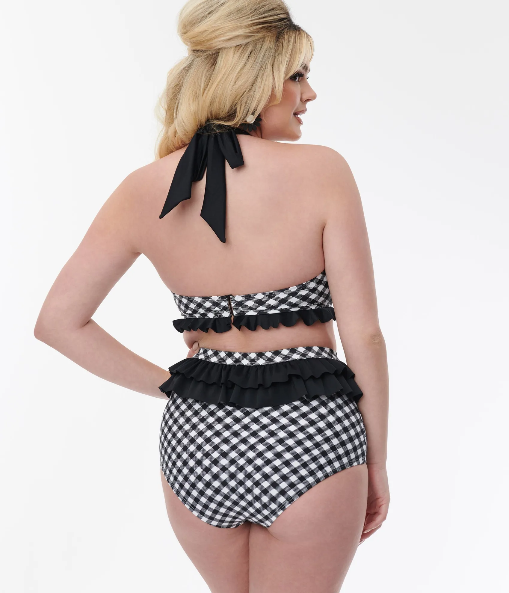 Unique Vintage Black & White Bias Gingham Twist Front Halter Swim Top Hot