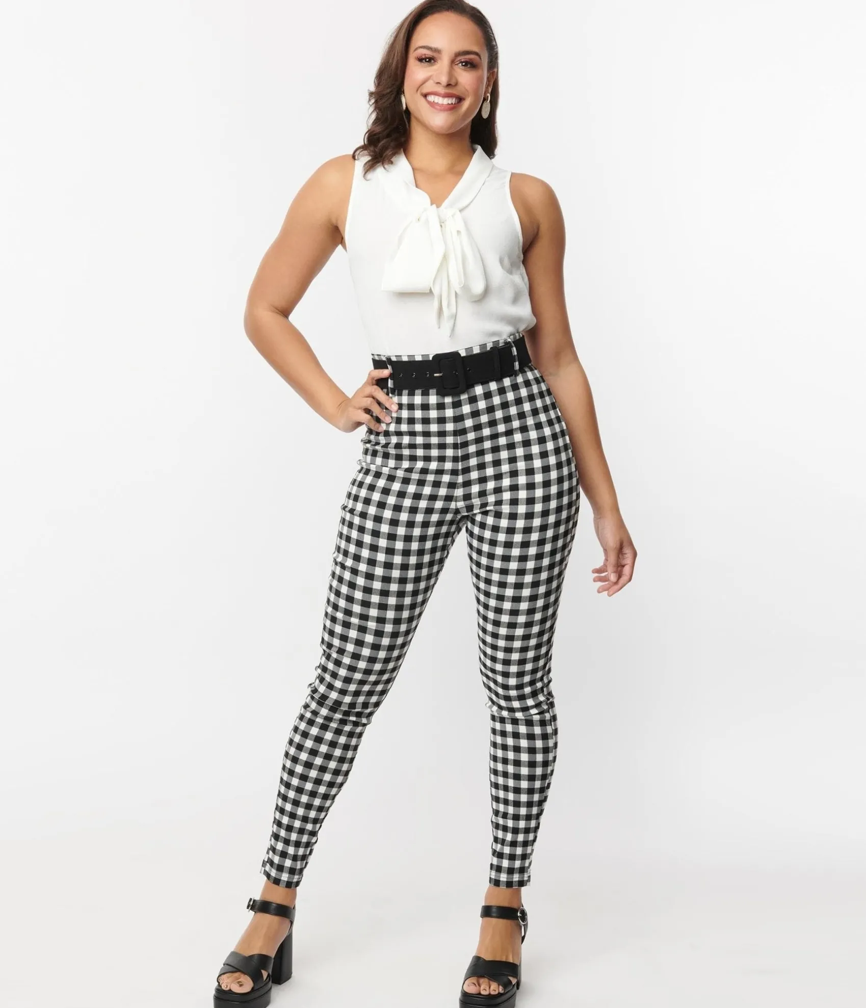 Unique Vintage Black & White Gingham Belted Rizzo Pants Best Sale