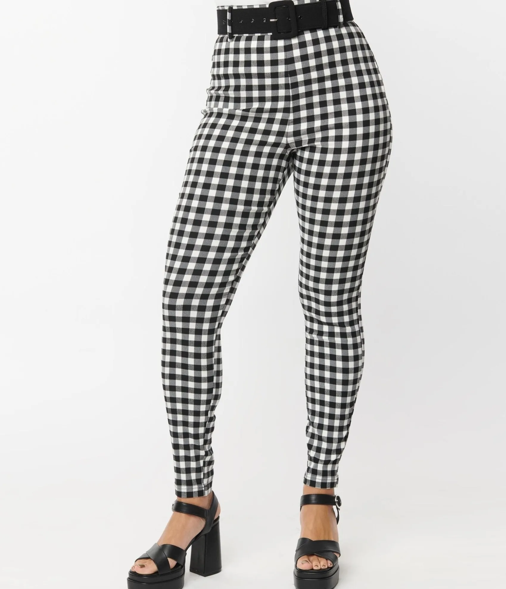 Unique Vintage Black & White Gingham Belted Rizzo Pants Best Sale