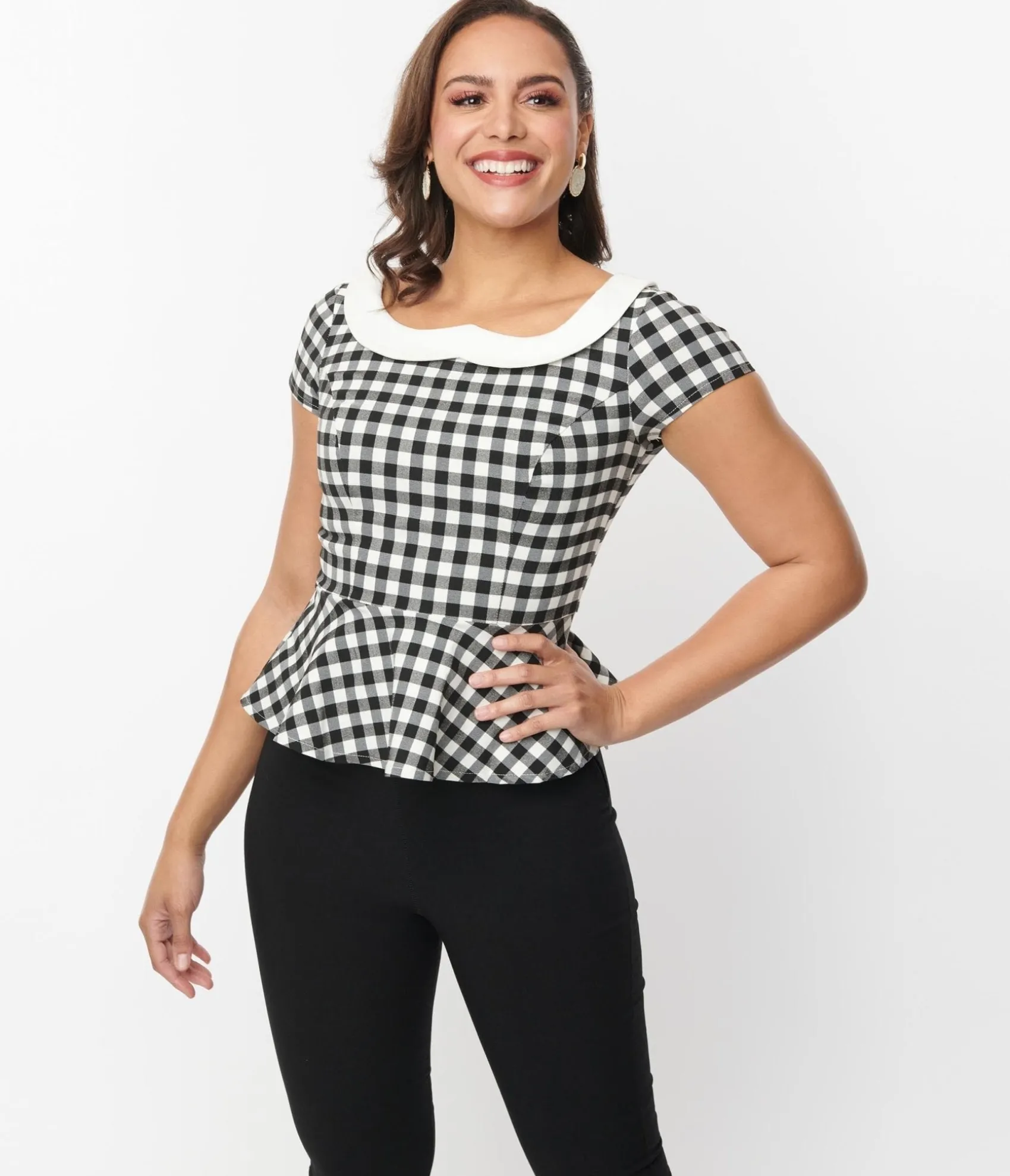 Unique Vintage Black & White Gingham Collar Peplum Top Online