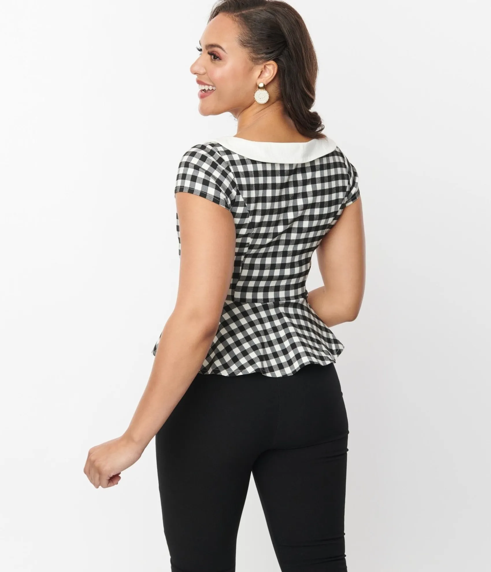 Unique Vintage Black & White Gingham Collar Peplum Top Online