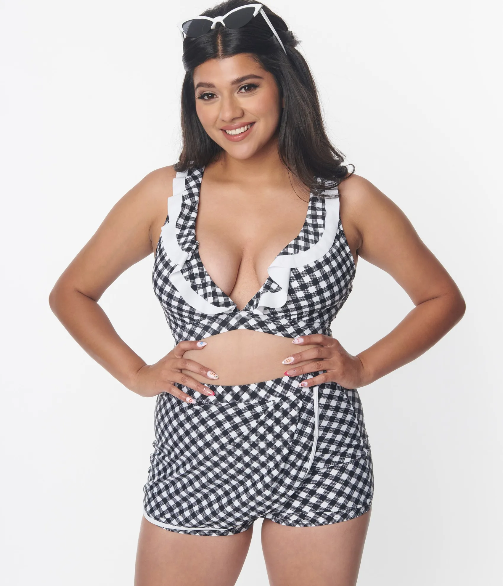 Unique Vintage Black & White Gingham Halter Swim Top Fashion