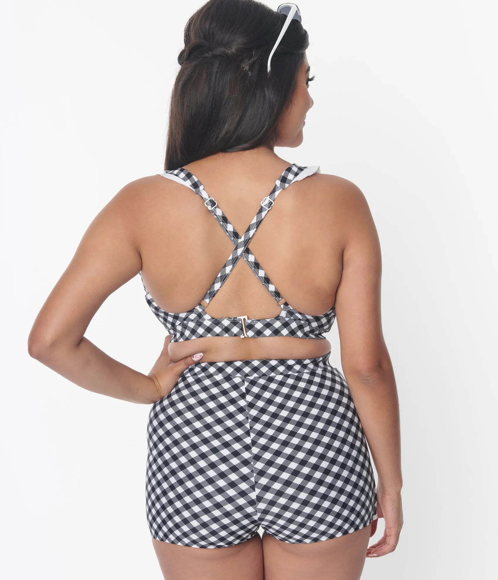 Unique Vintage Black & White Gingham Halter Swim Top Fashion