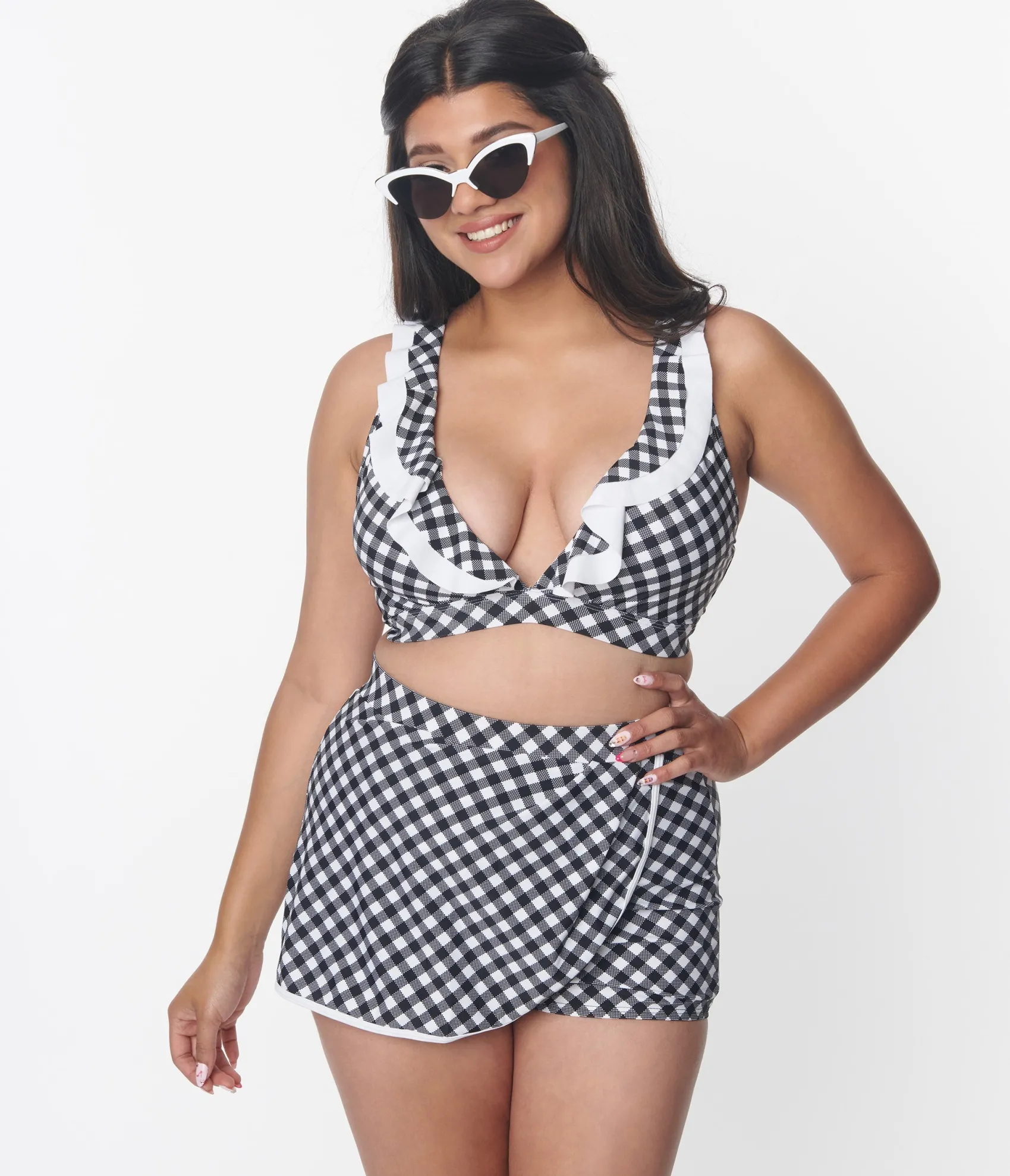 Unique Vintage Black & White Gingham High Waist Skort Swim Bottom Sale