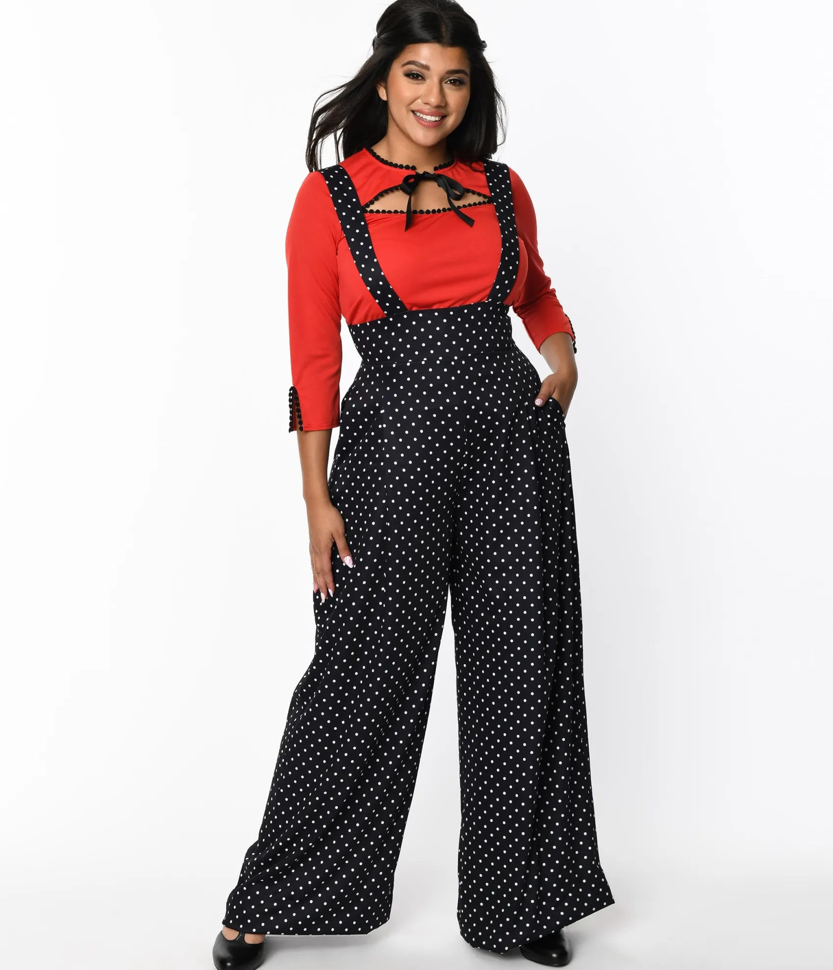 Unique Vintage Black & White Pin Dot Rochelle Suspender Pants Store
