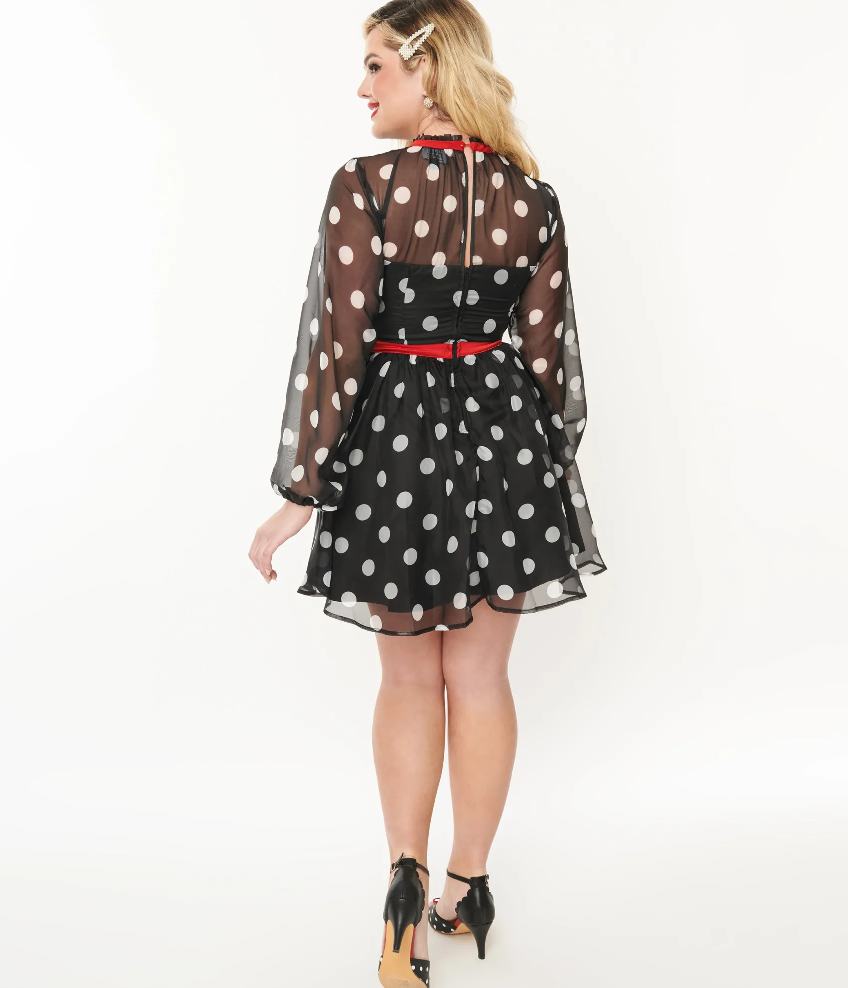Unique Vintage Black & White Polka Dot Flocked Tulle Dress Flash Sale
