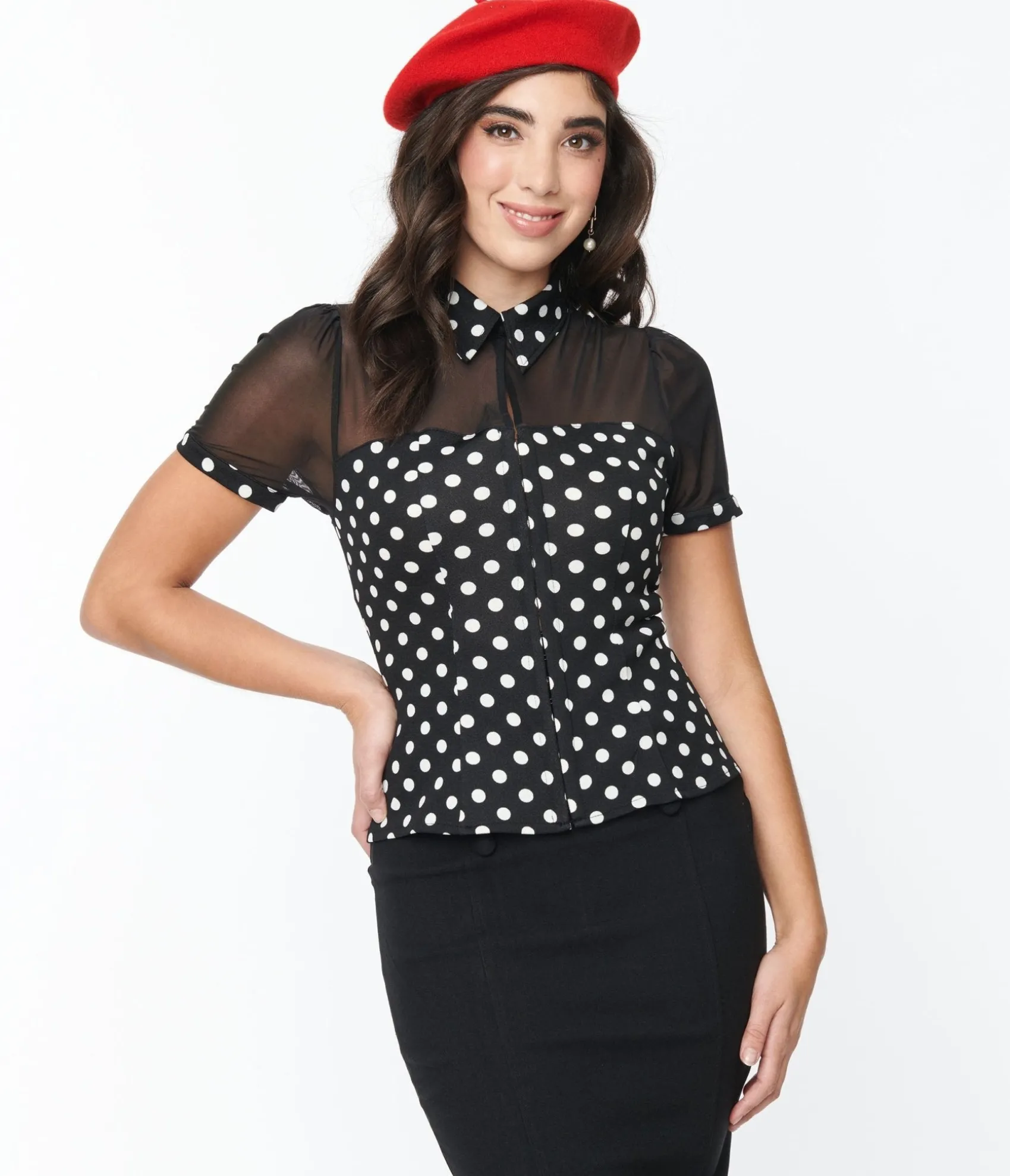 Unique Vintage Black & White Polka Dot Mesh Sweetheart Top Store