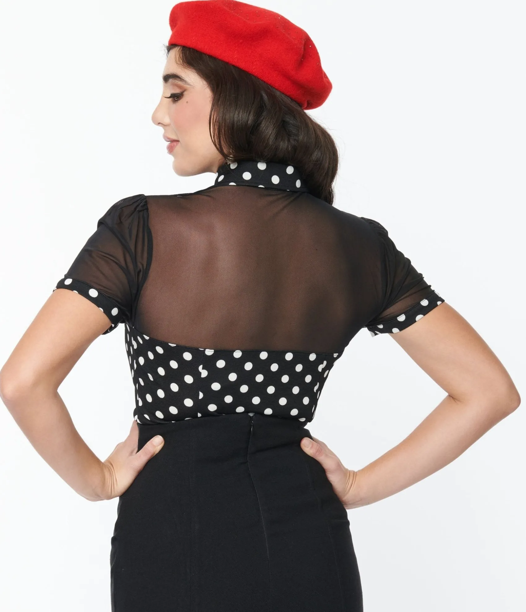 Unique Vintage Black & White Polka Dot Mesh Sweetheart Top Store
