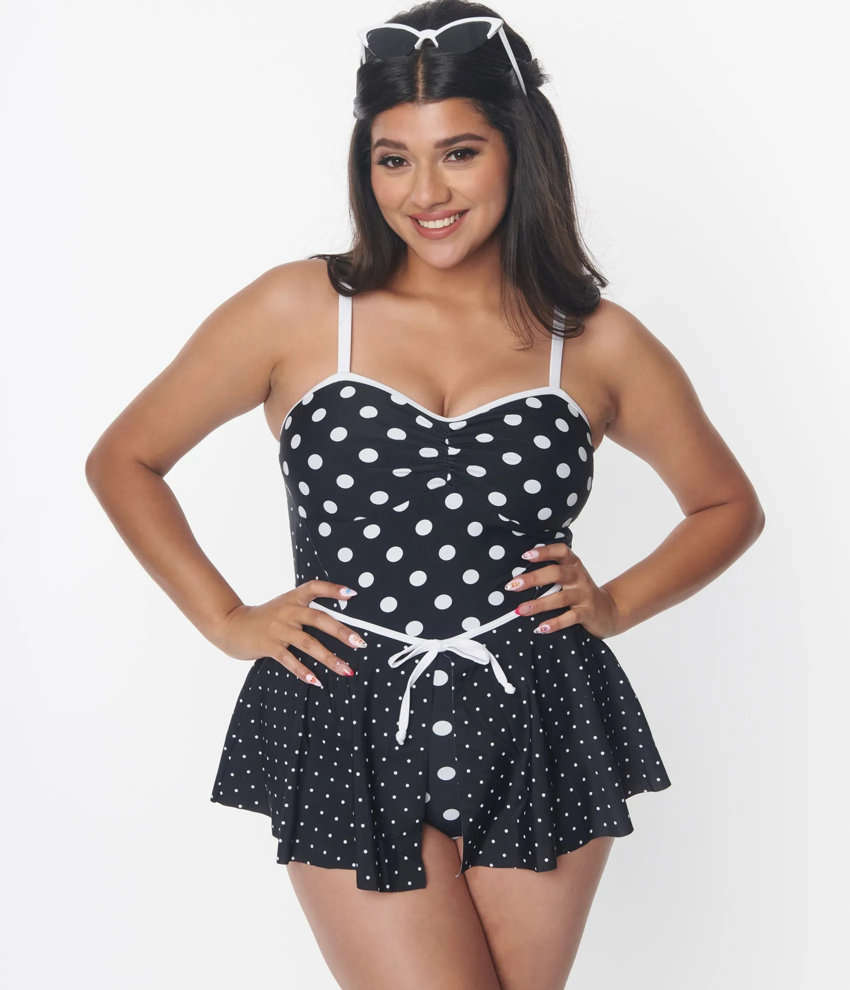 Unique Vintage Black & White Polka Dot Skirted Swimsuit Clearance