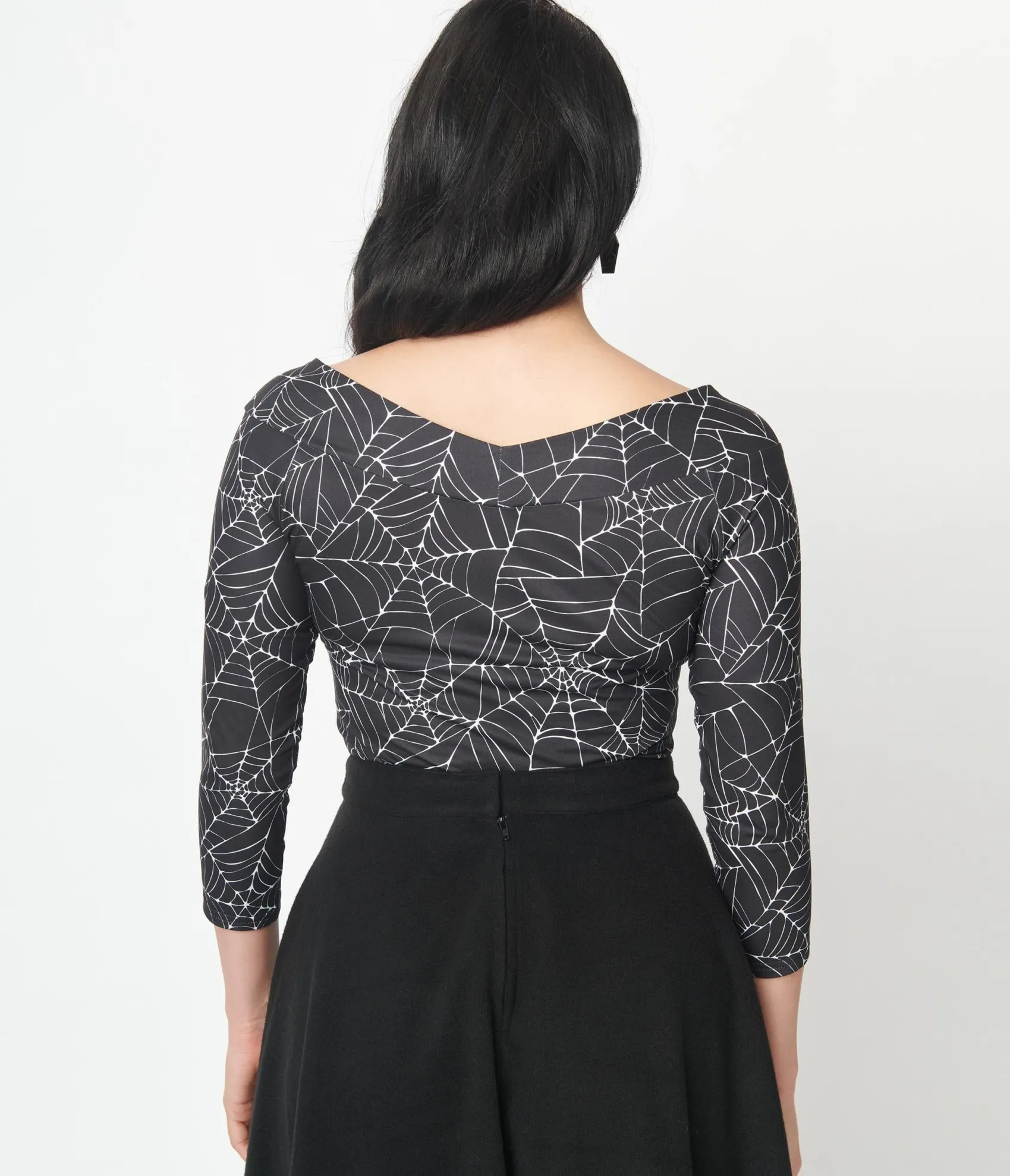 Unique Vintage Black & White Spiderweb Scarlett Top Hot