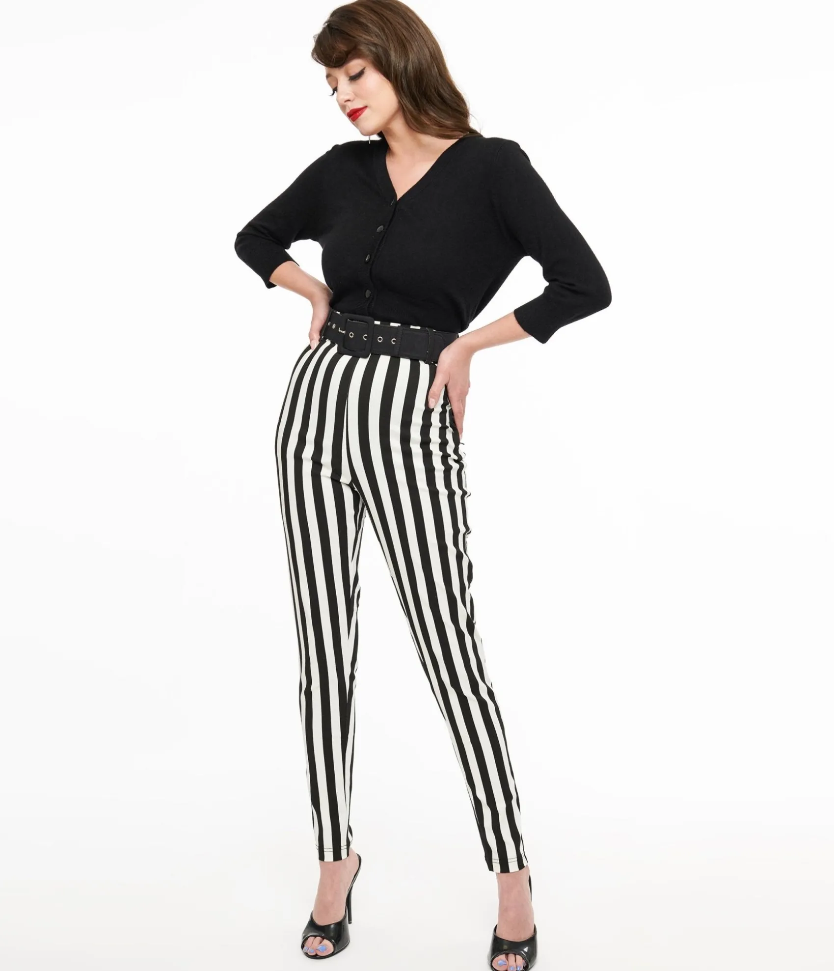 Unique Vintage Black & White Stripe Belted Rizzo Cigarette Pants Online